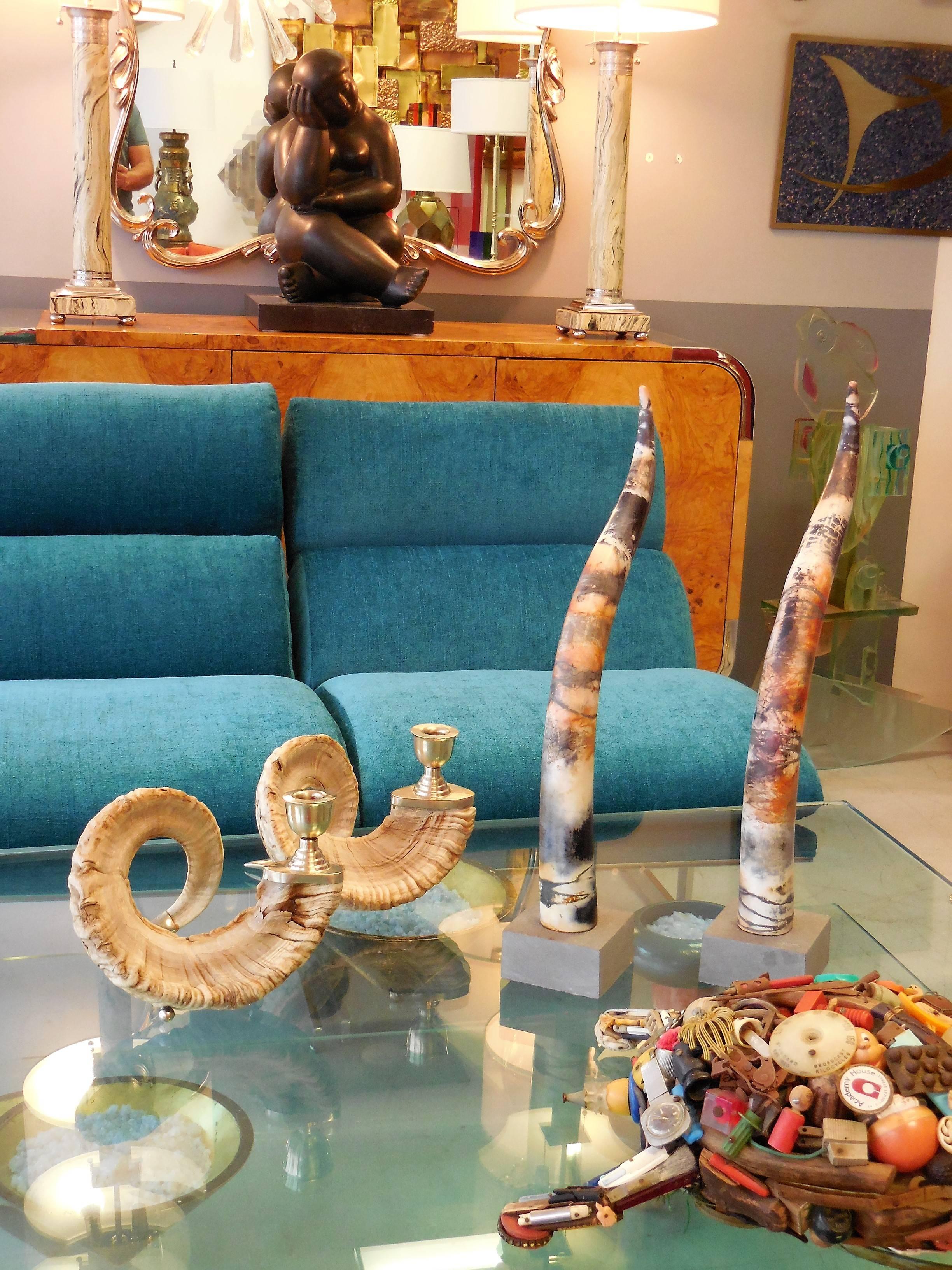 Pair of Large and Dramatic Mid-Century Ram's Horn Candleholders 1