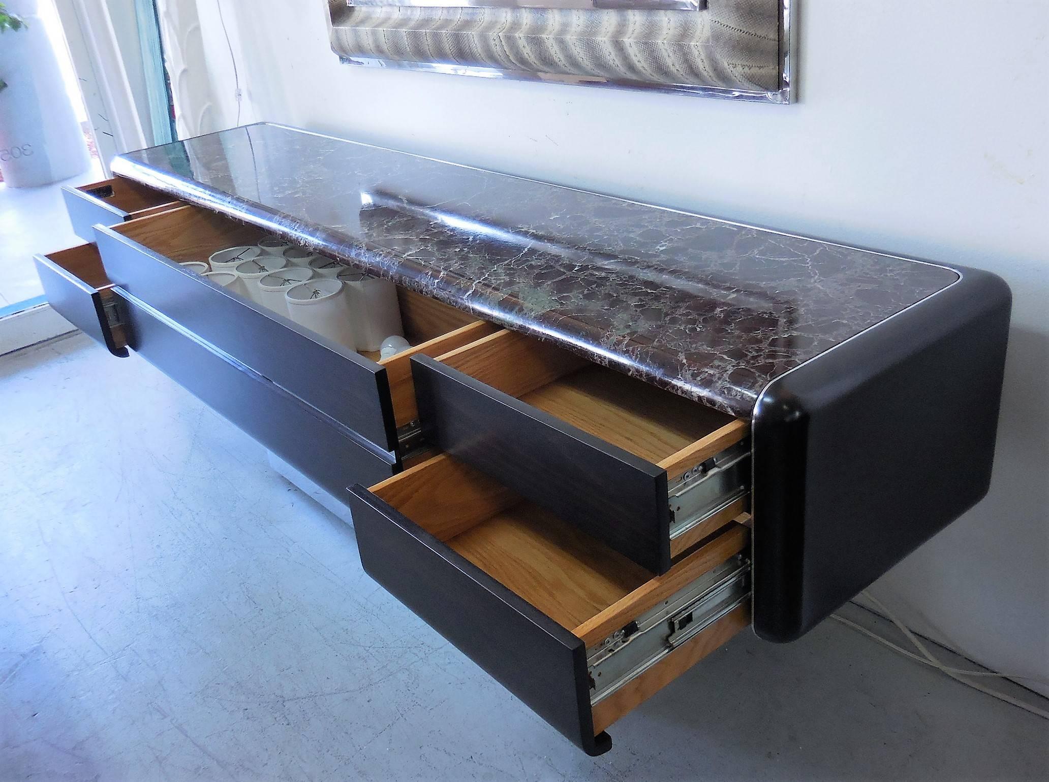 Stainless Steel Vladimir Kagan Console Credenza with Marble Top and Polished Base