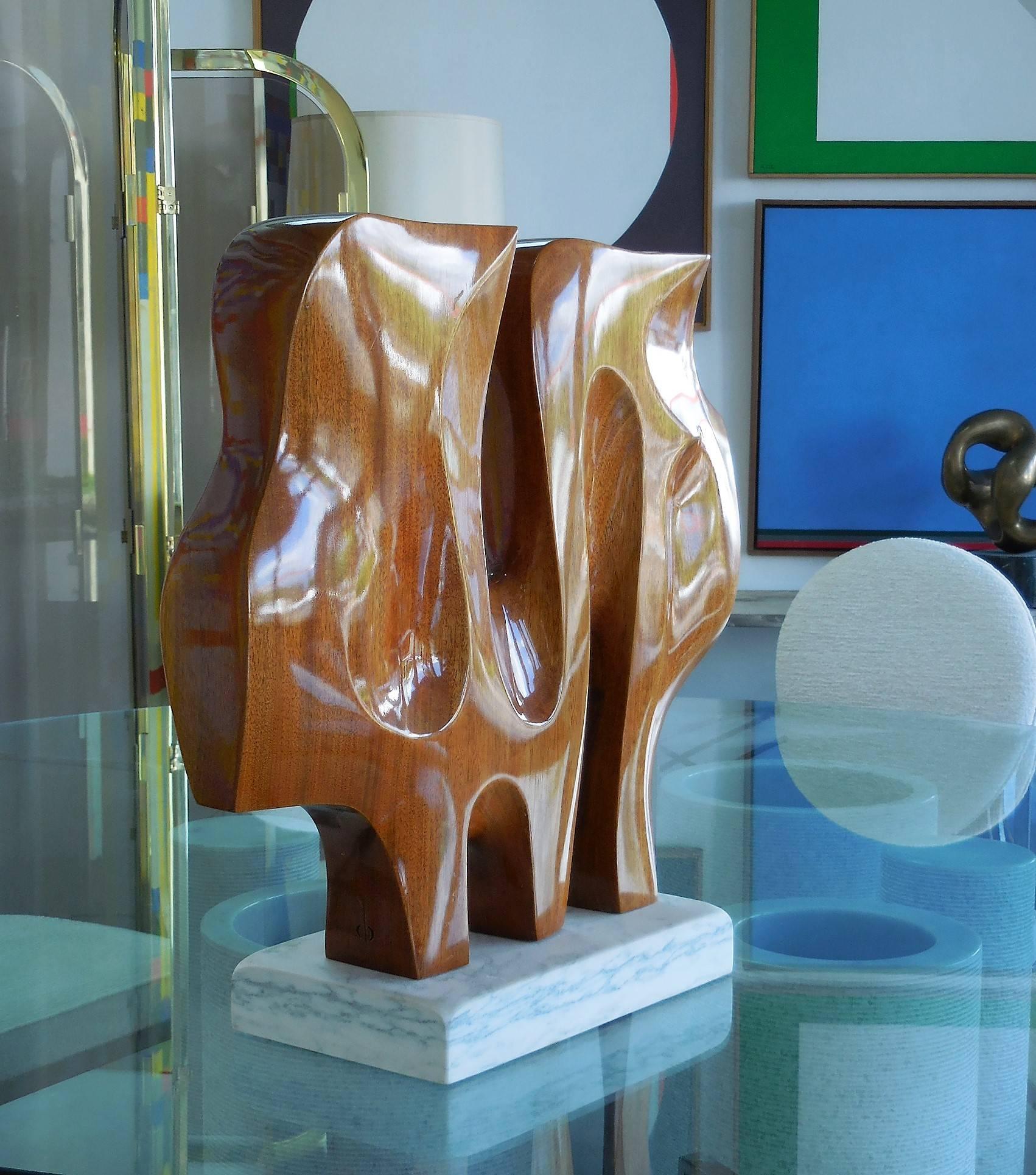 Large Mid-Century Abstract Carved Wood and Marble Sculpture In Excellent Condition In Miami, FL