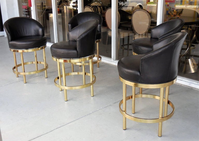 Five Barstools Leather and Brass with Swivel Seats For Sale at 1stDibs
