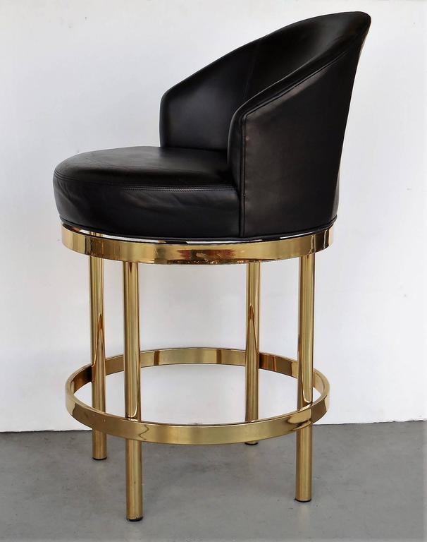Five Barstools Leather and Brass with Swivel Seats For Sale at 1stdibs