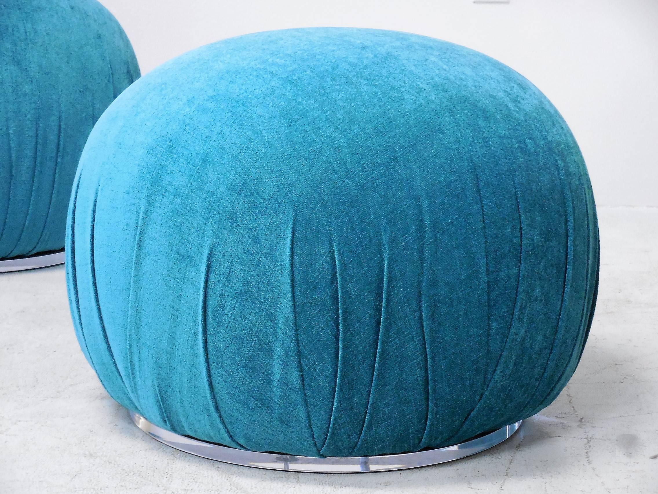 American Pair of Turquoise Pouf Ottomans with Lucite Bases, 1980s