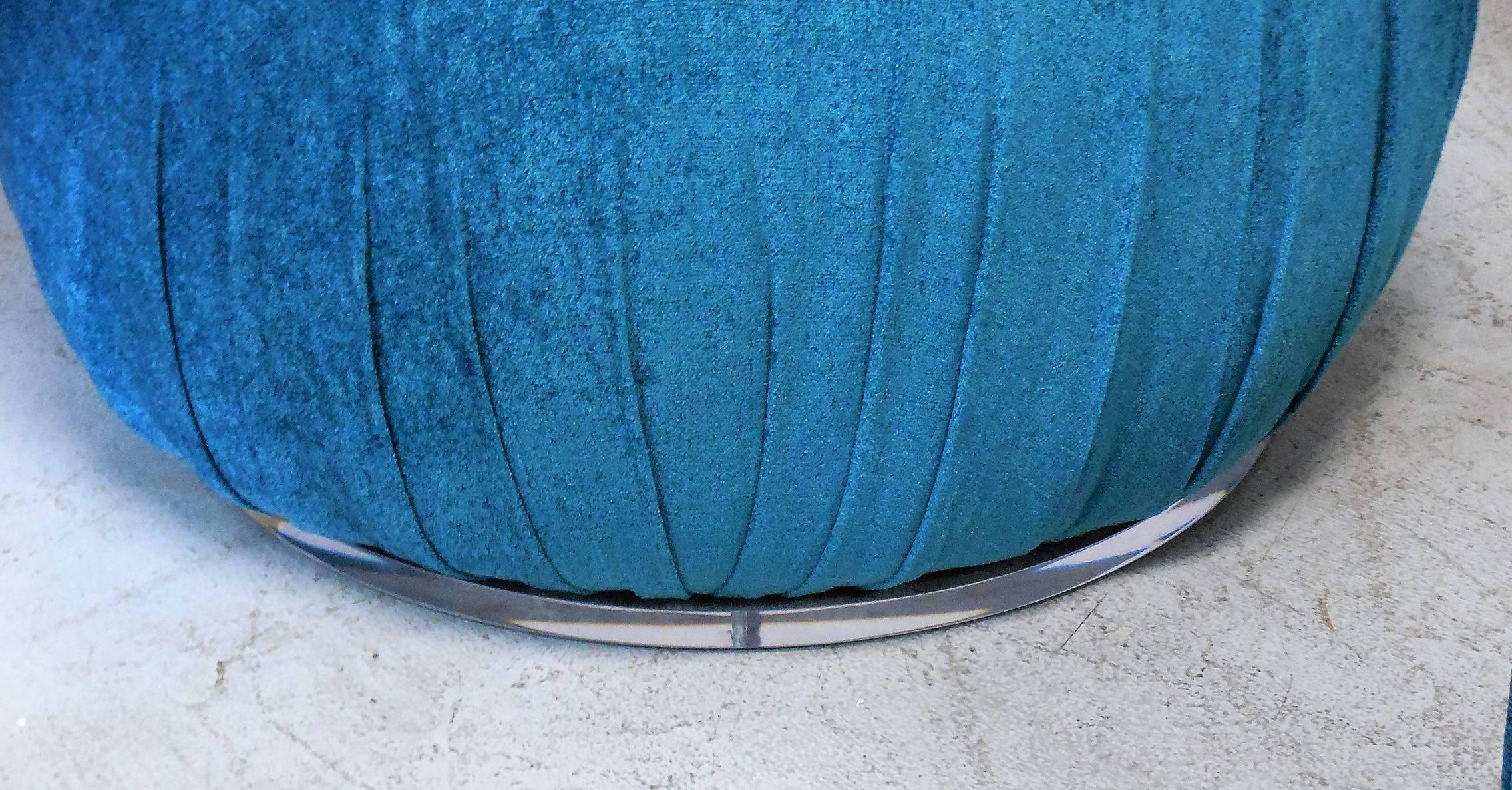 Late 20th Century Pair of Turquoise Pouf Ottomans with Lucite Bases, 1980s