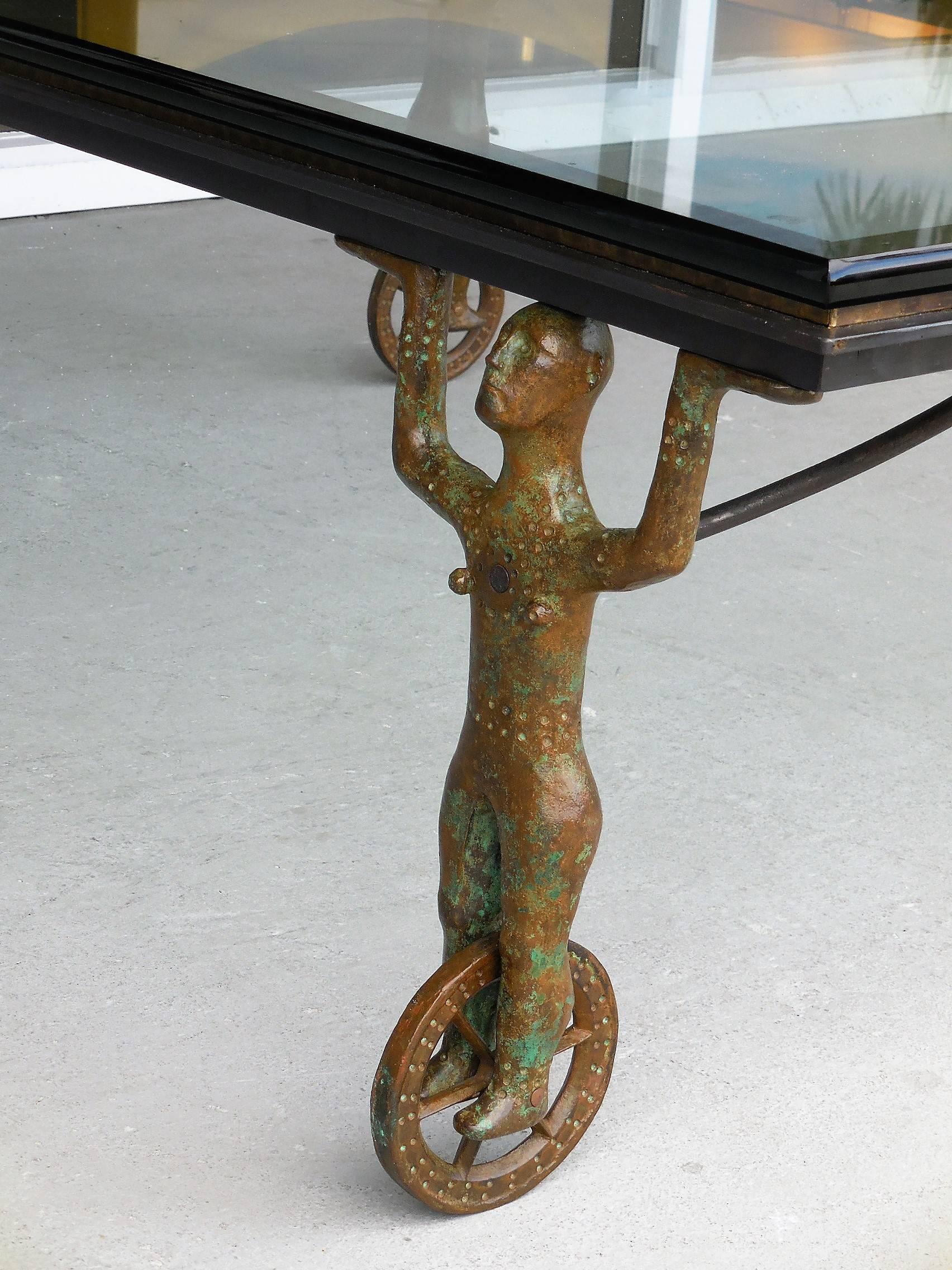 Late 20th Century Bronze Coffee Table with Androgynous Figures on Wheels by R. Yearout 