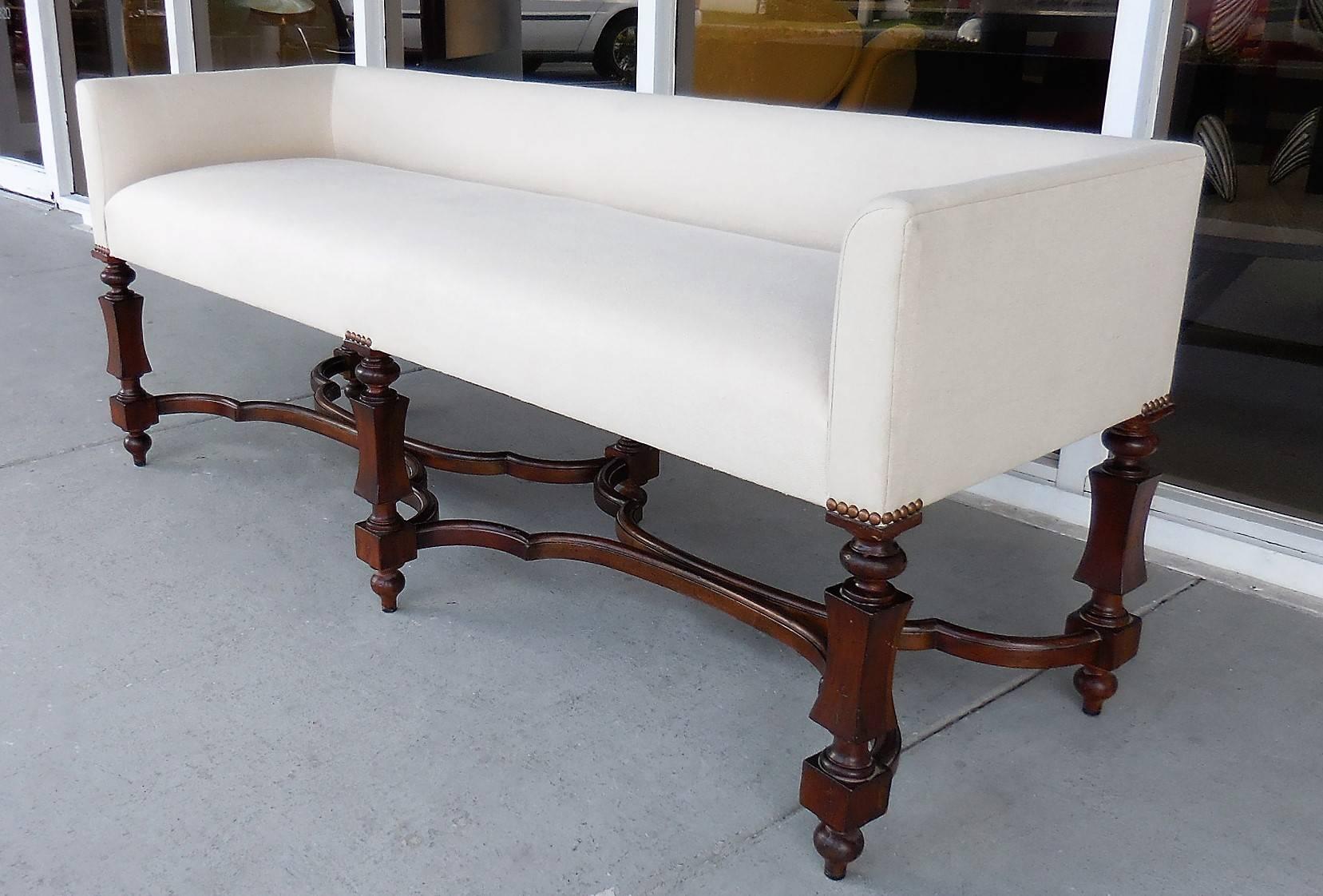 American Baker Wood and Linen Transitional Bench or Settee