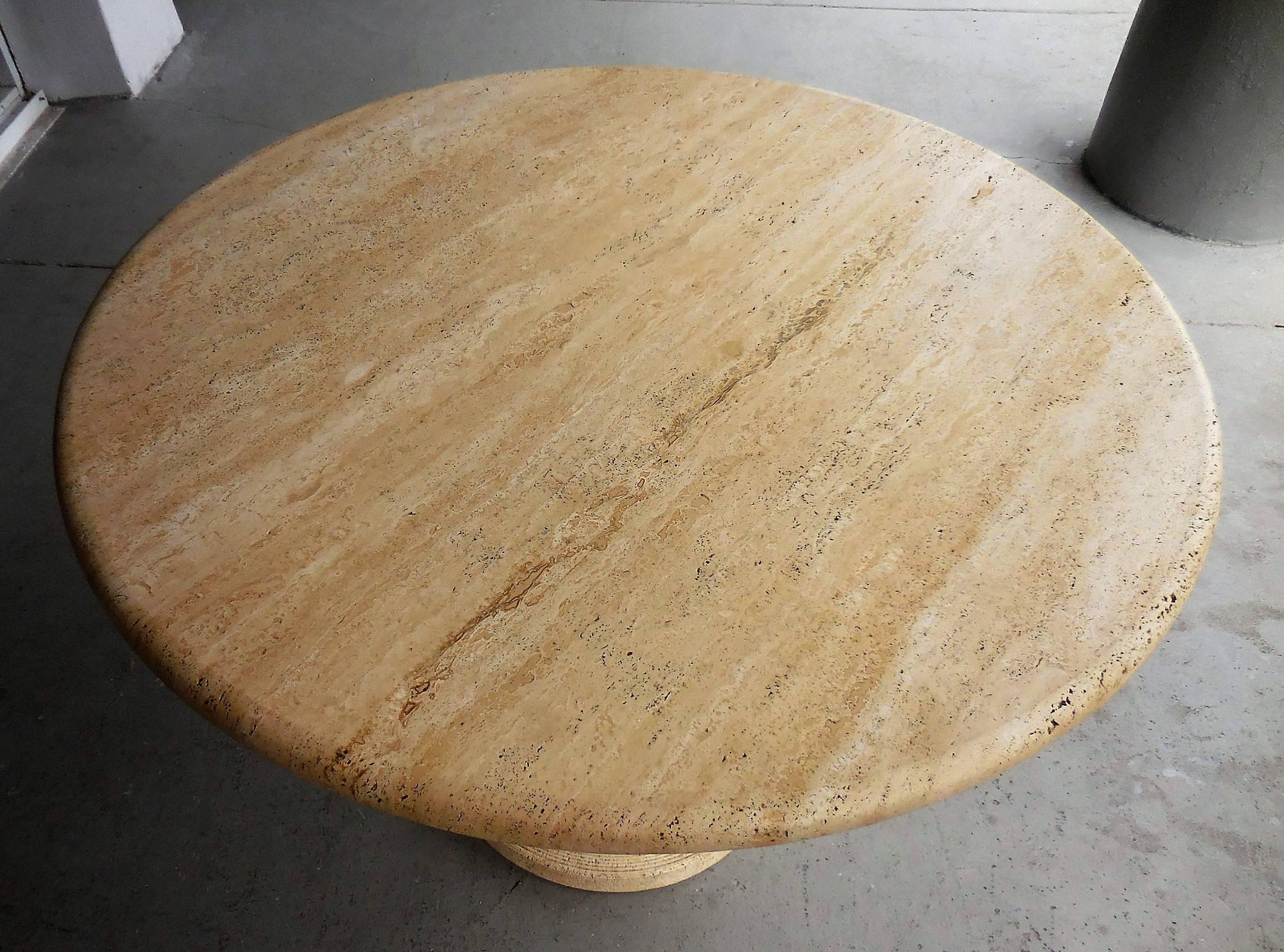 Italian Solid Round Travertine Marble Table, Attributed to Angelo Mangiarotti
