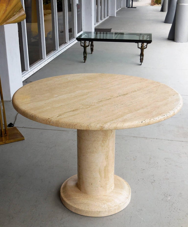 Solid Round Travertine Marble Table, Attributed to Angelo Mangiarotti
