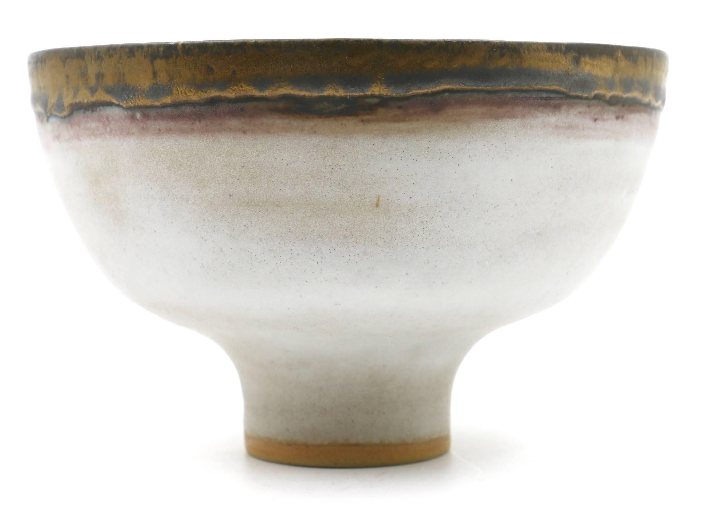 Lucie Rie White Bowl with Bronze Lip For Sale 1
