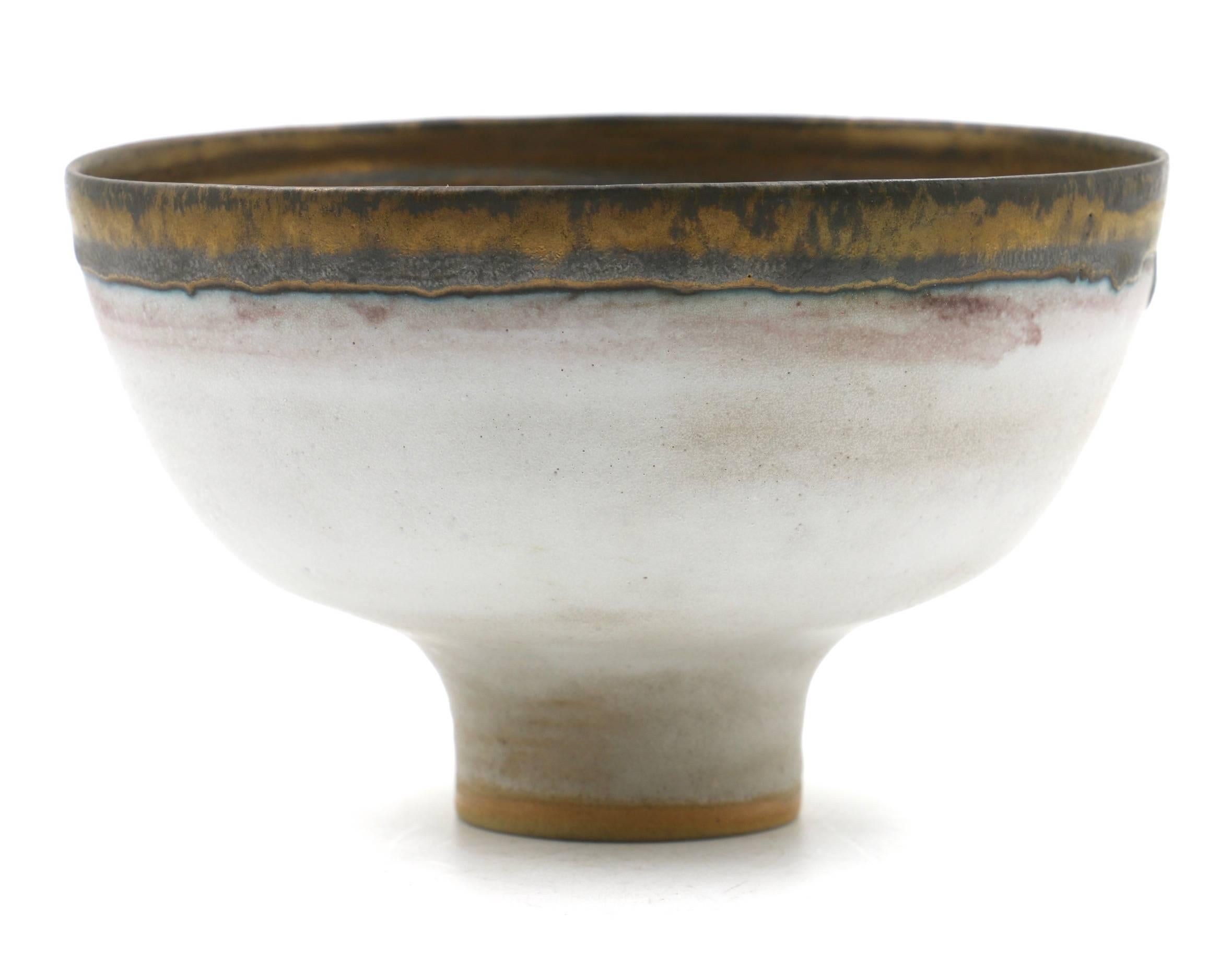 Ceramic Lucie Rie White Bowl with Bronze Lip For Sale