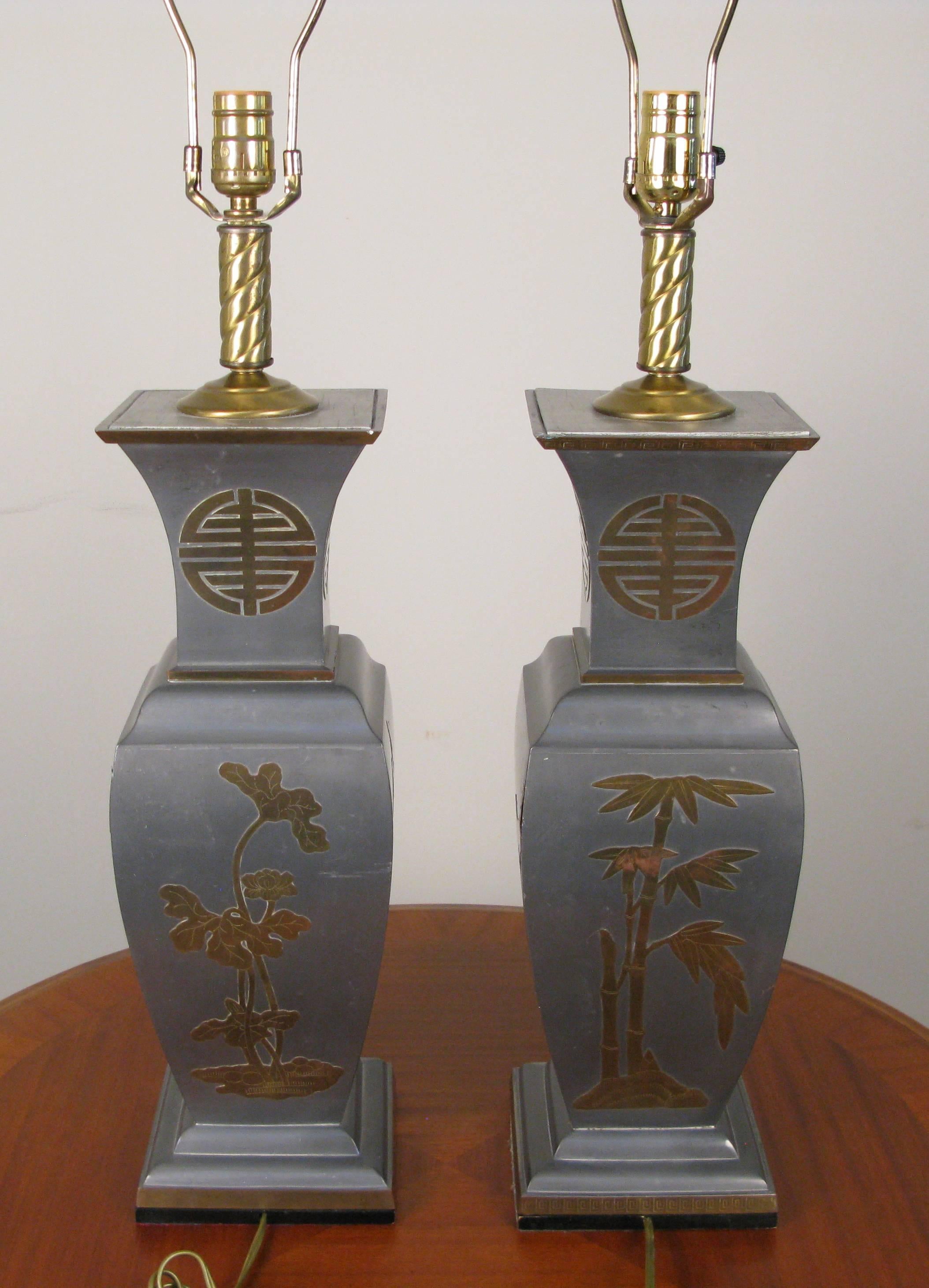 North American Pair of 1960s Pewter and Brass Table Lamps For Sale