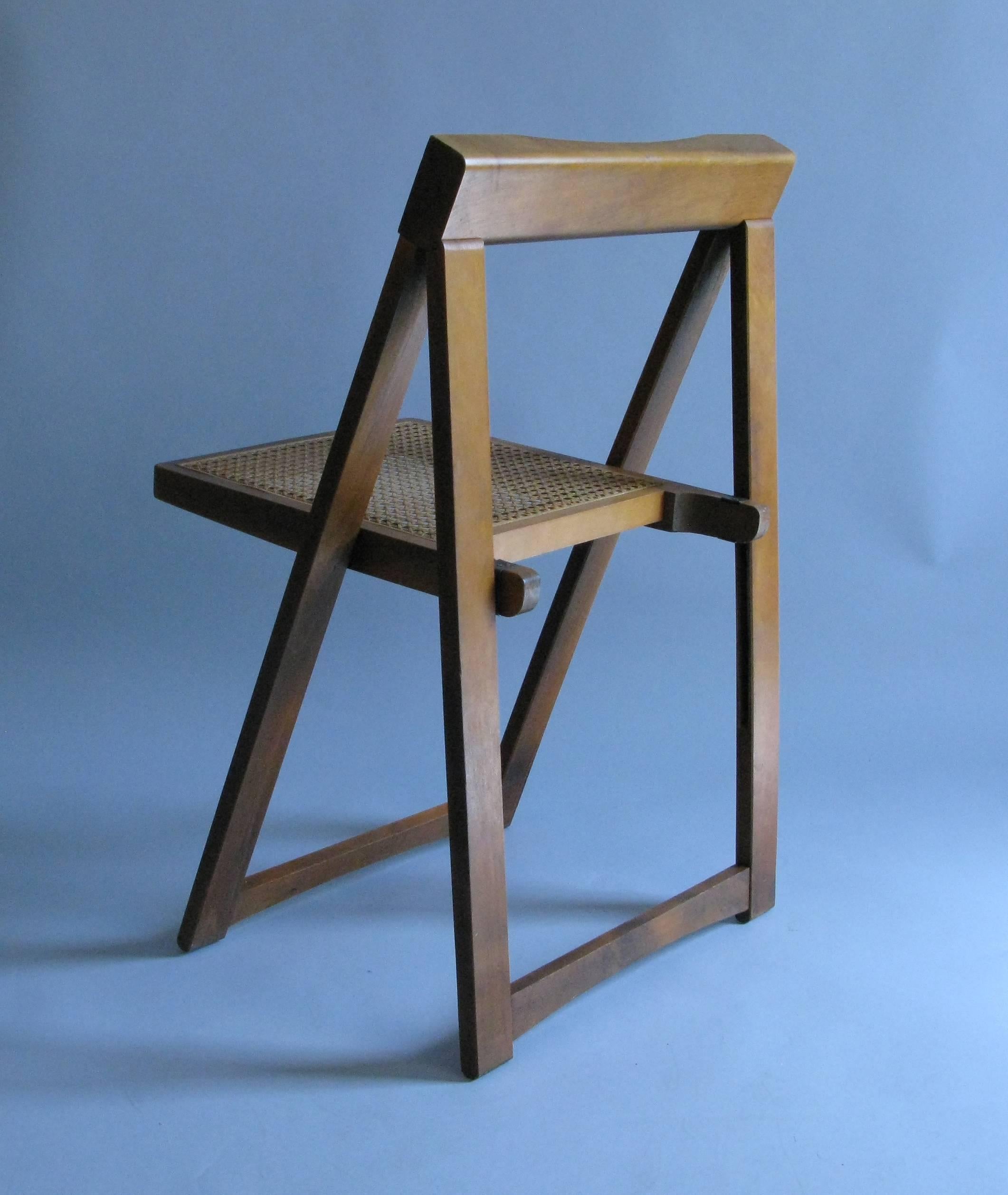 Woodwork Set of Four Mid-Century Walnut Folding Chairs with Caned Seats