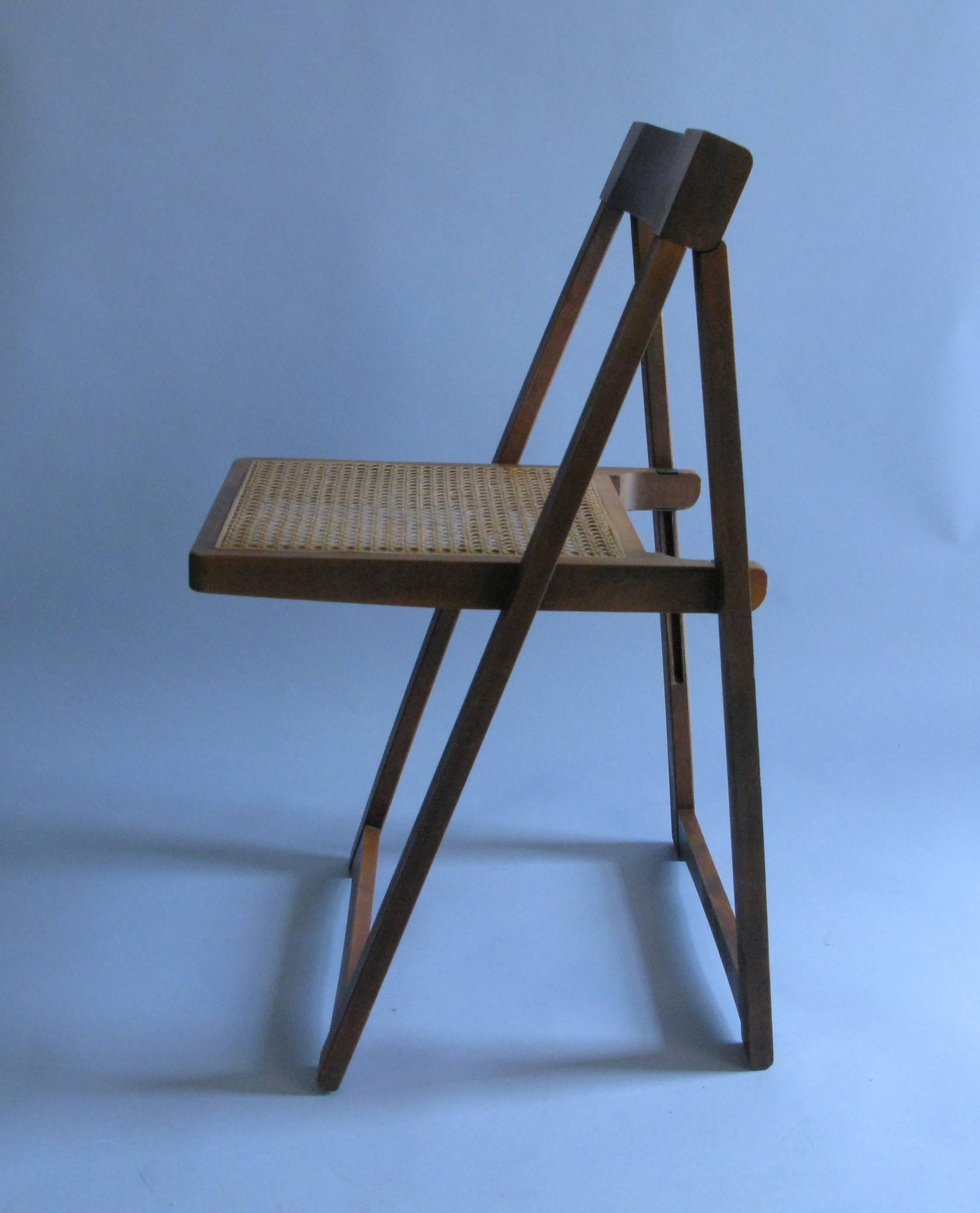 Macedonian Set of Four Mid-Century Walnut Folding Chairs with Caned Seats
