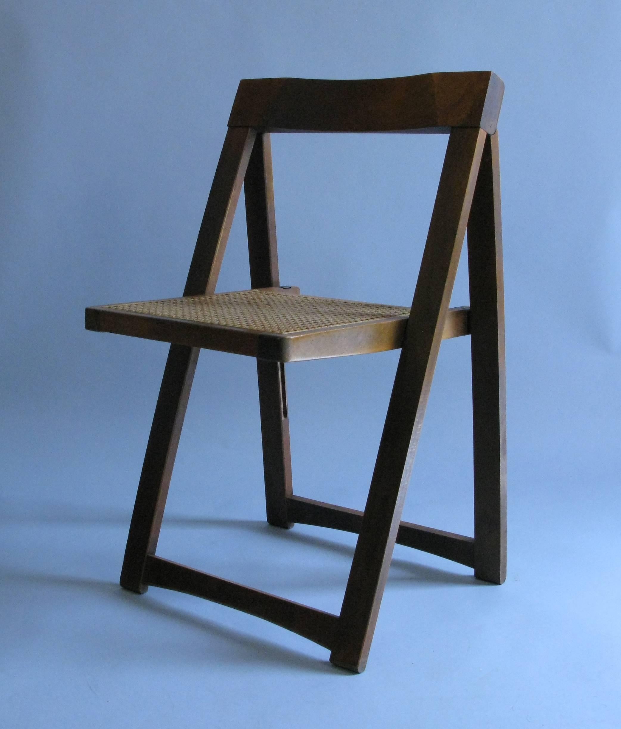Mid-Century Modern Set of Four Mid-Century Walnut Folding Chairs with Caned Seats
