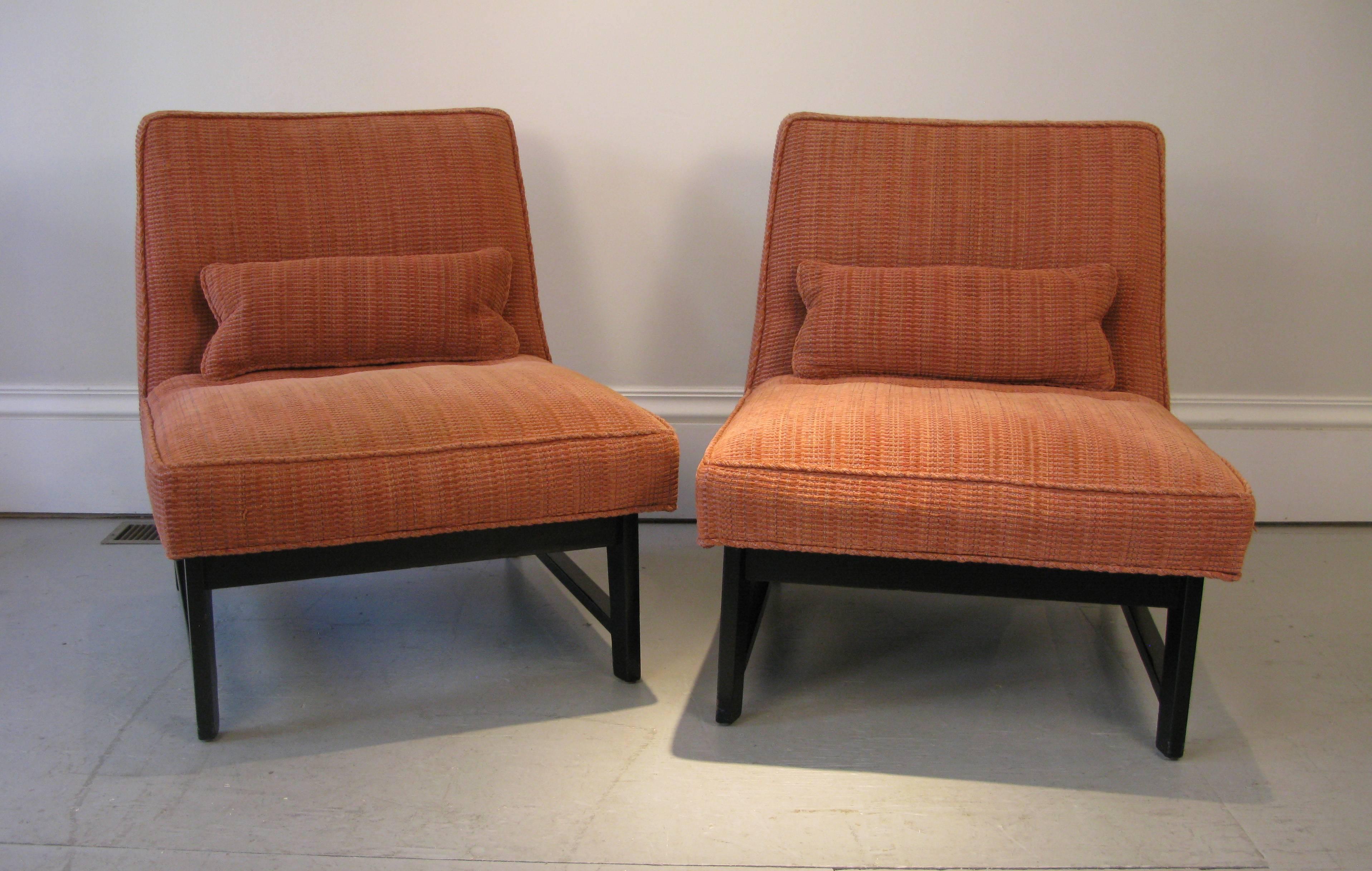 These chairs are comfortable. They were designed by Edward Wormley for Dunbar in the 1960s. Deep wide seat and back. The chairs were re upholstered a number of years ago.