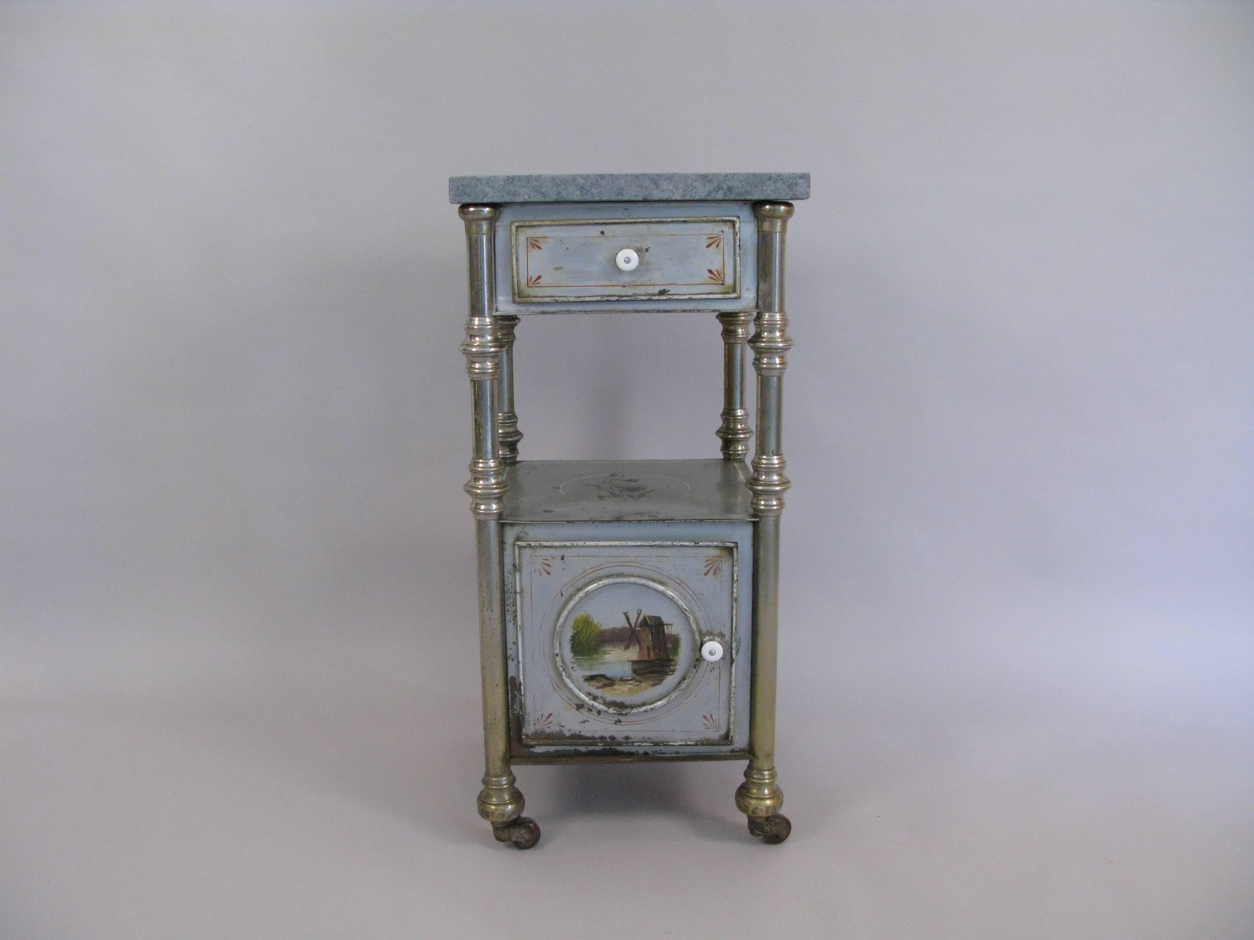Gothic Revival Pair of 19th Century Russian Paint Decorated Metal Stands with Marble Tops For Sale