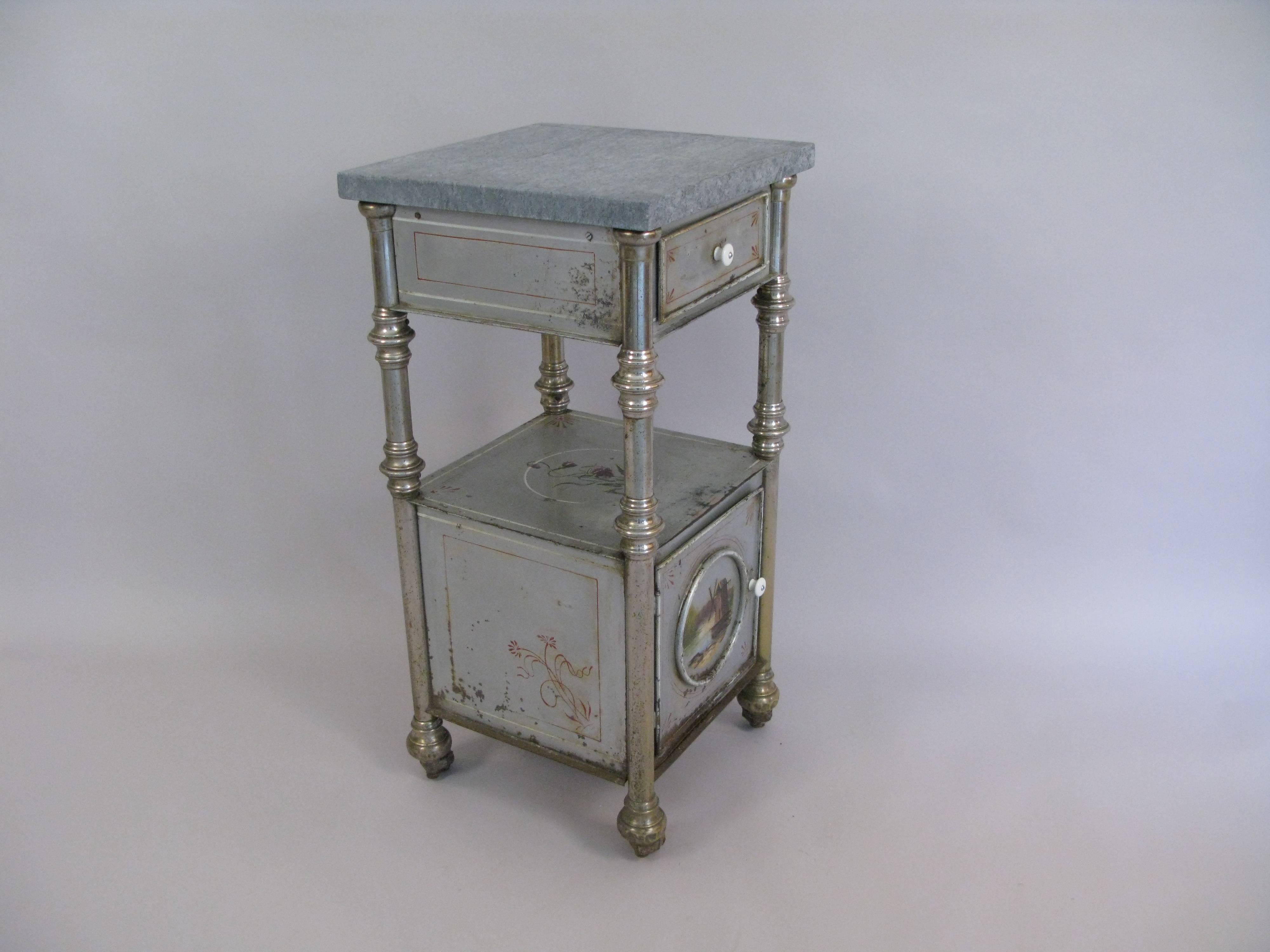 Pair of 19th Century Russian Paint Decorated Metal Stands with Marble Tops In Good Condition For Sale In Hudson, NY