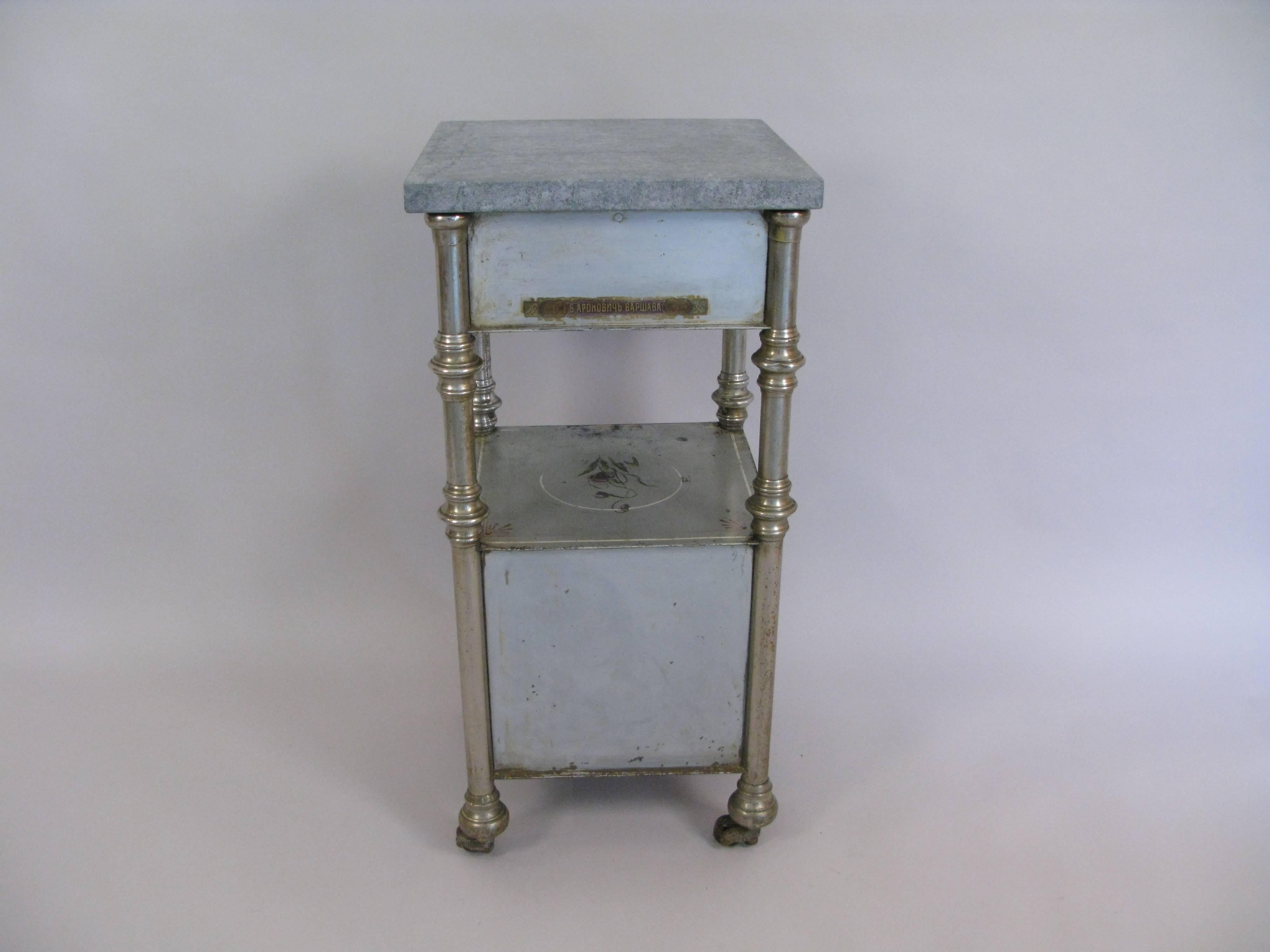 Late 19th Century Pair of 19th Century Russian Paint Decorated Metal Stands with Marble Tops For Sale