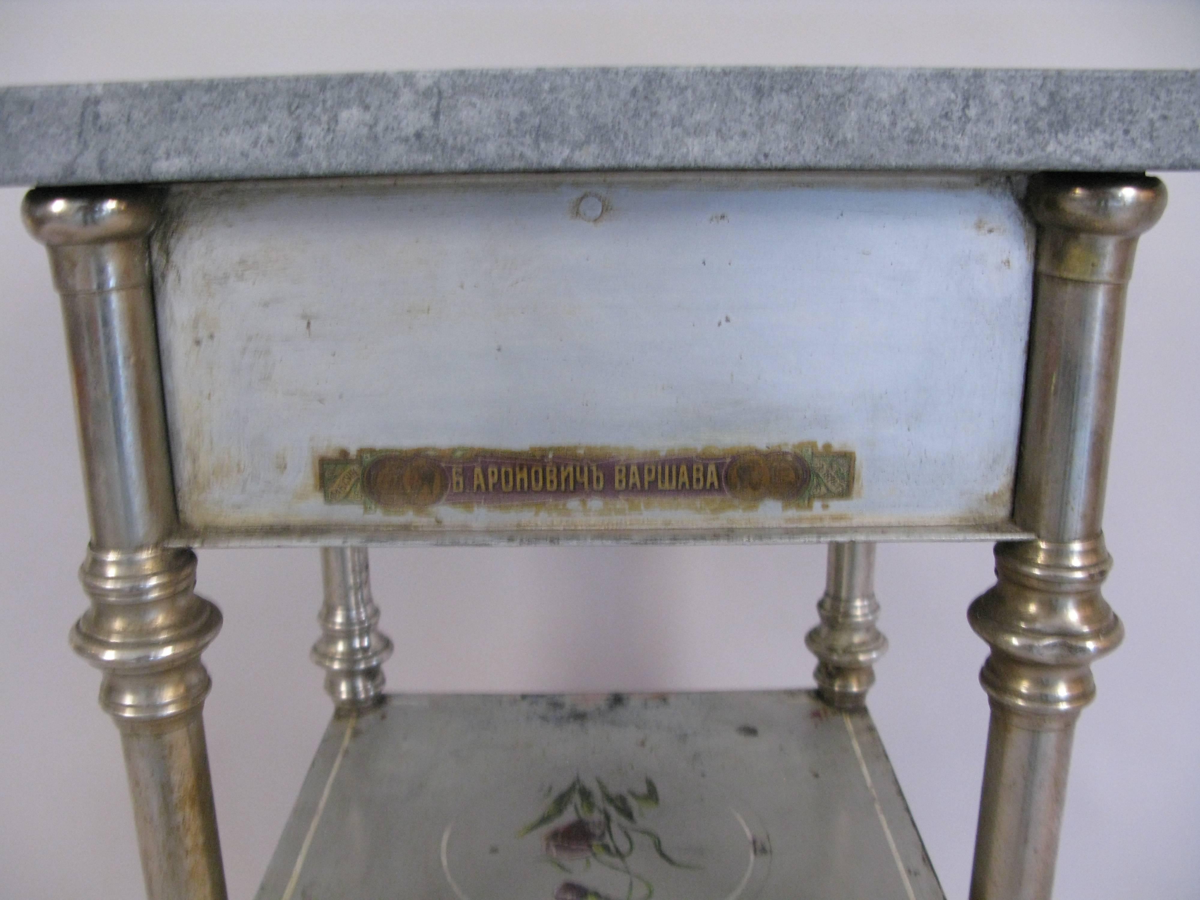 Pair of 19th Century Russian Paint Decorated Metal Stands with Marble Tops For Sale 1