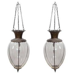 Spectacular Large Antique Drugstore Glass and Bronze Show Globes Chandeliers