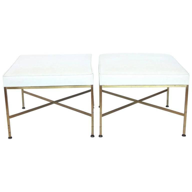 Pair of X-Base Brass and Leather Stools or Benches by Paul McCobb For Sale