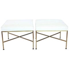 Pair of X-Base Brass and Leather Stools or Benches by Paul McCobb