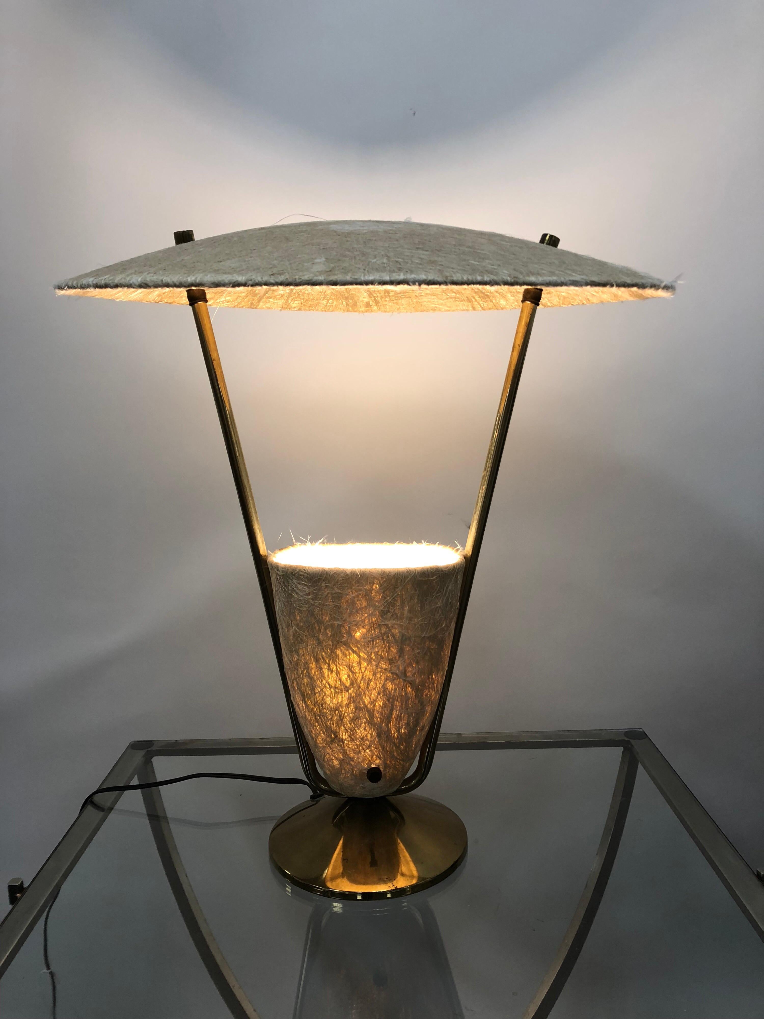 Midcentury French brass and silk accent lamp.
