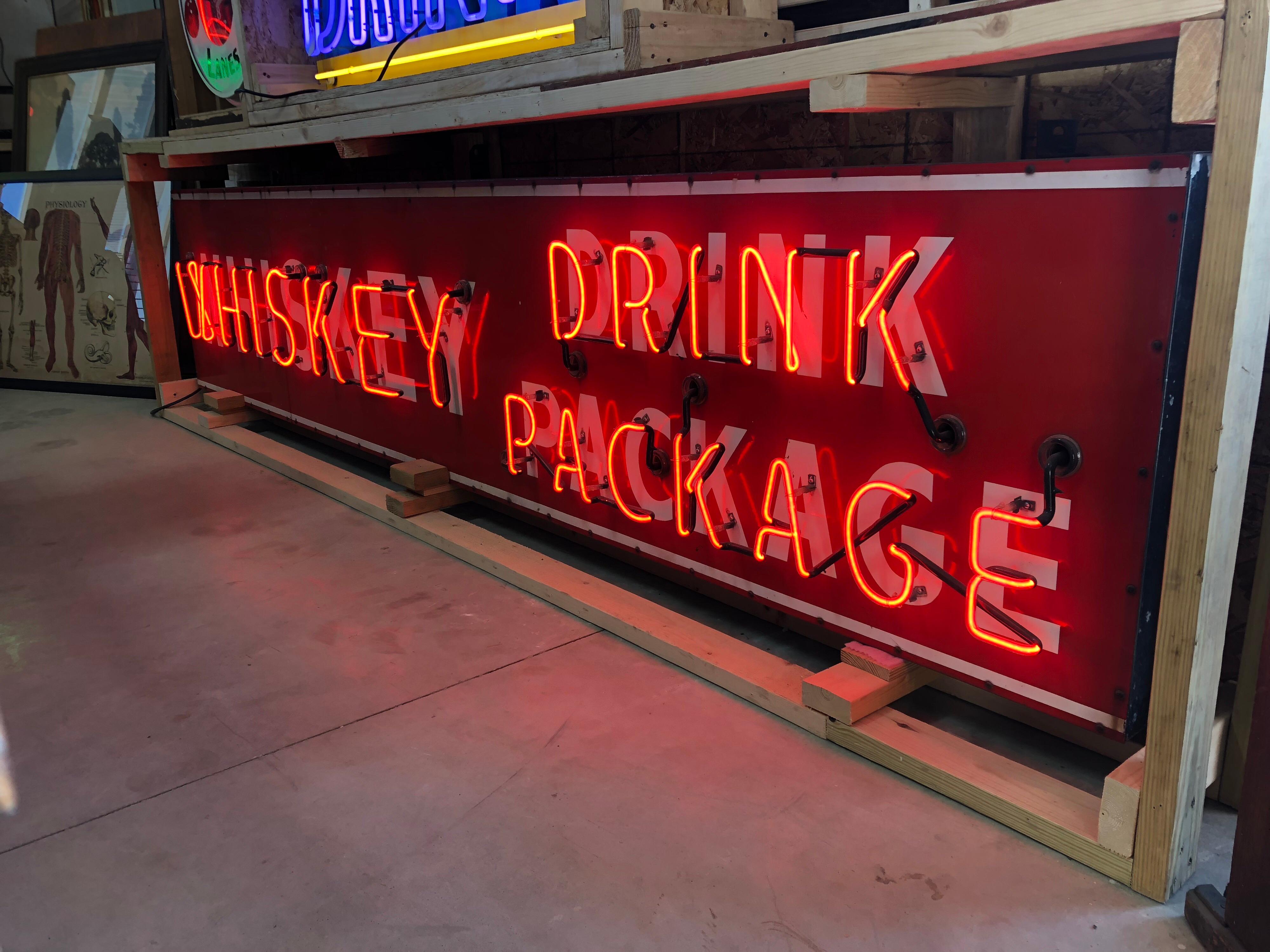 American Vintage Neon and Porcelain Whiskey Sign For Sale