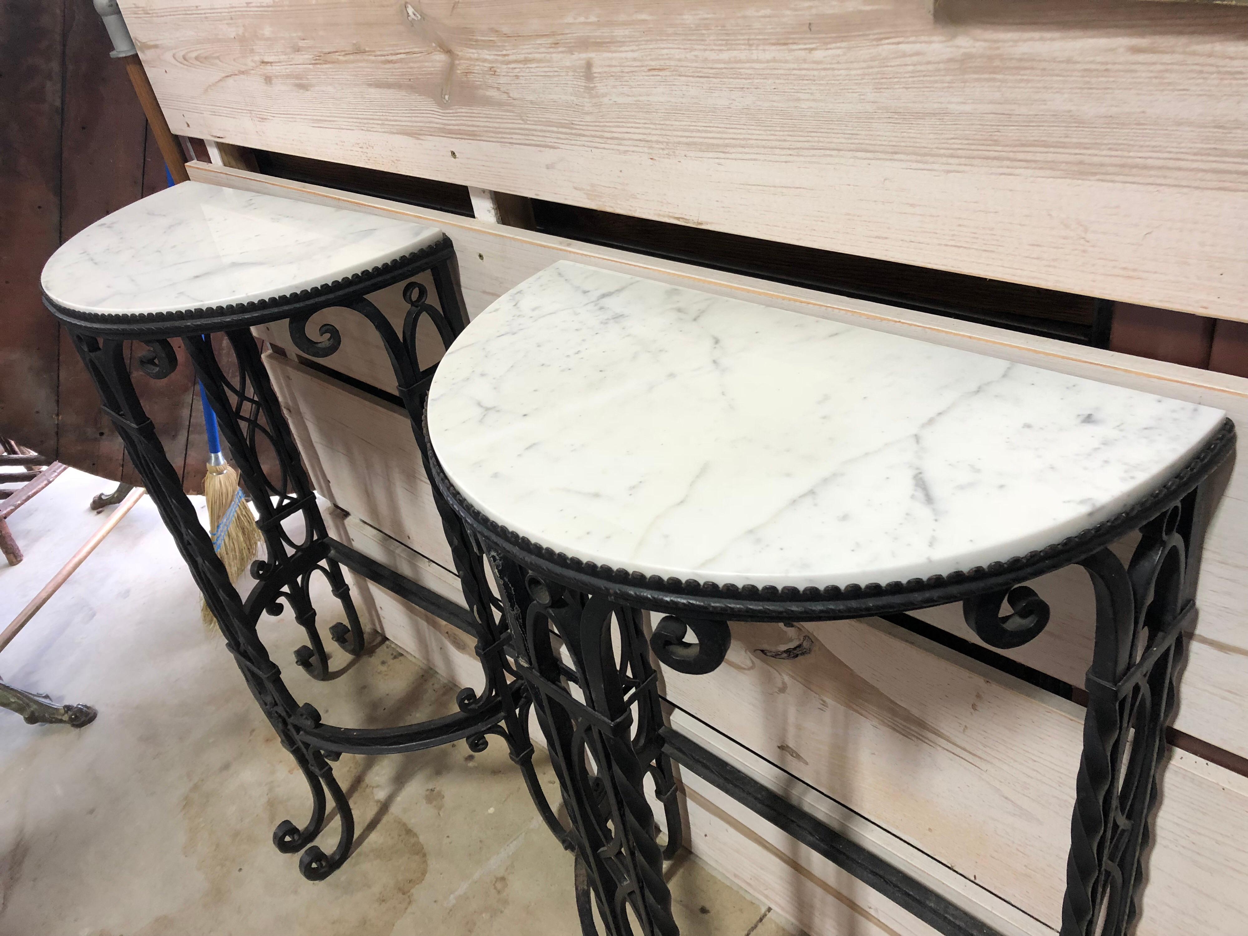 Antique French Demilune Iron and Marble Tables In Good Condition For Sale In Chicago, IL