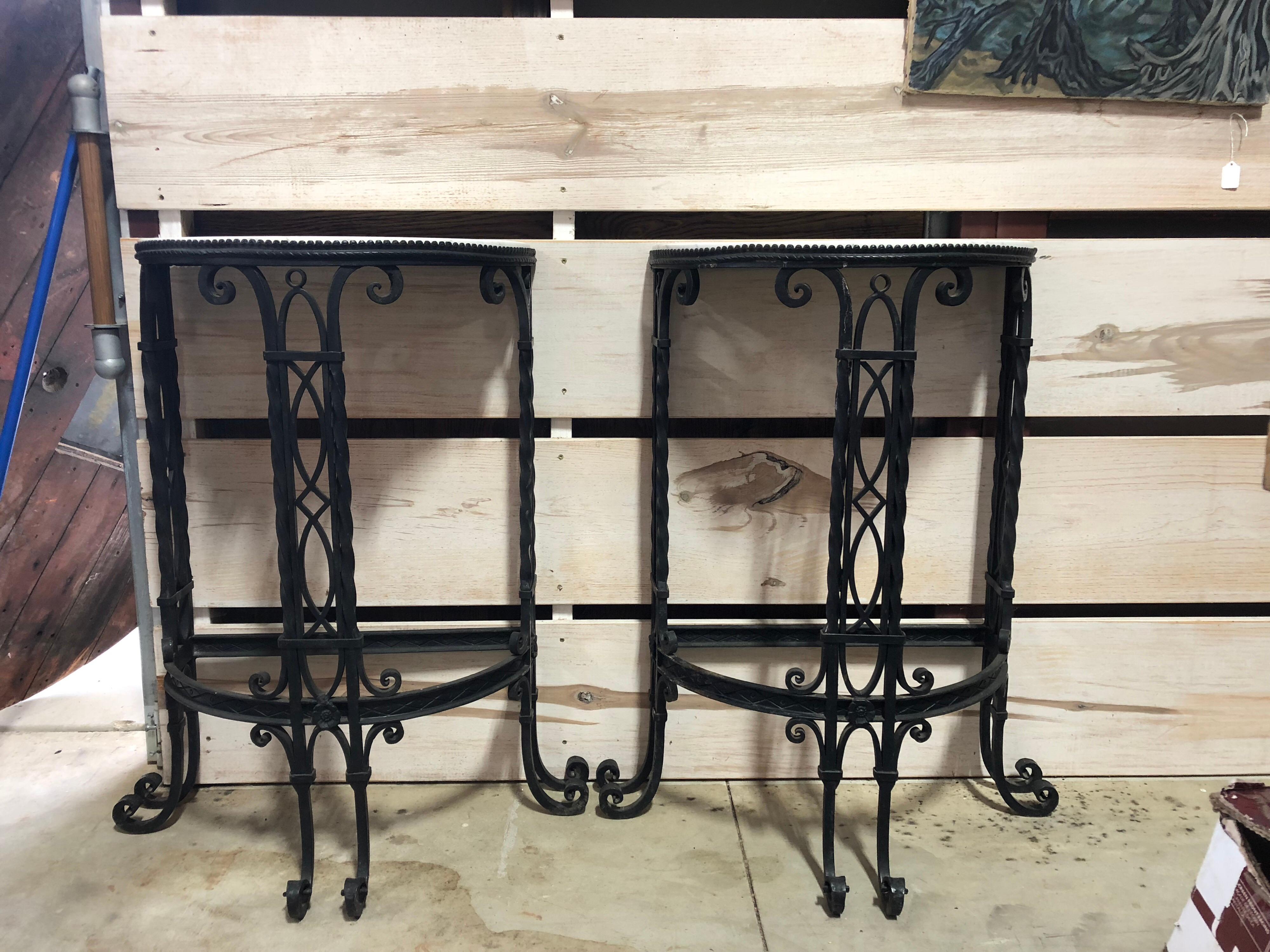 19th Century Antique French Demilune Iron and Marble Tables For Sale