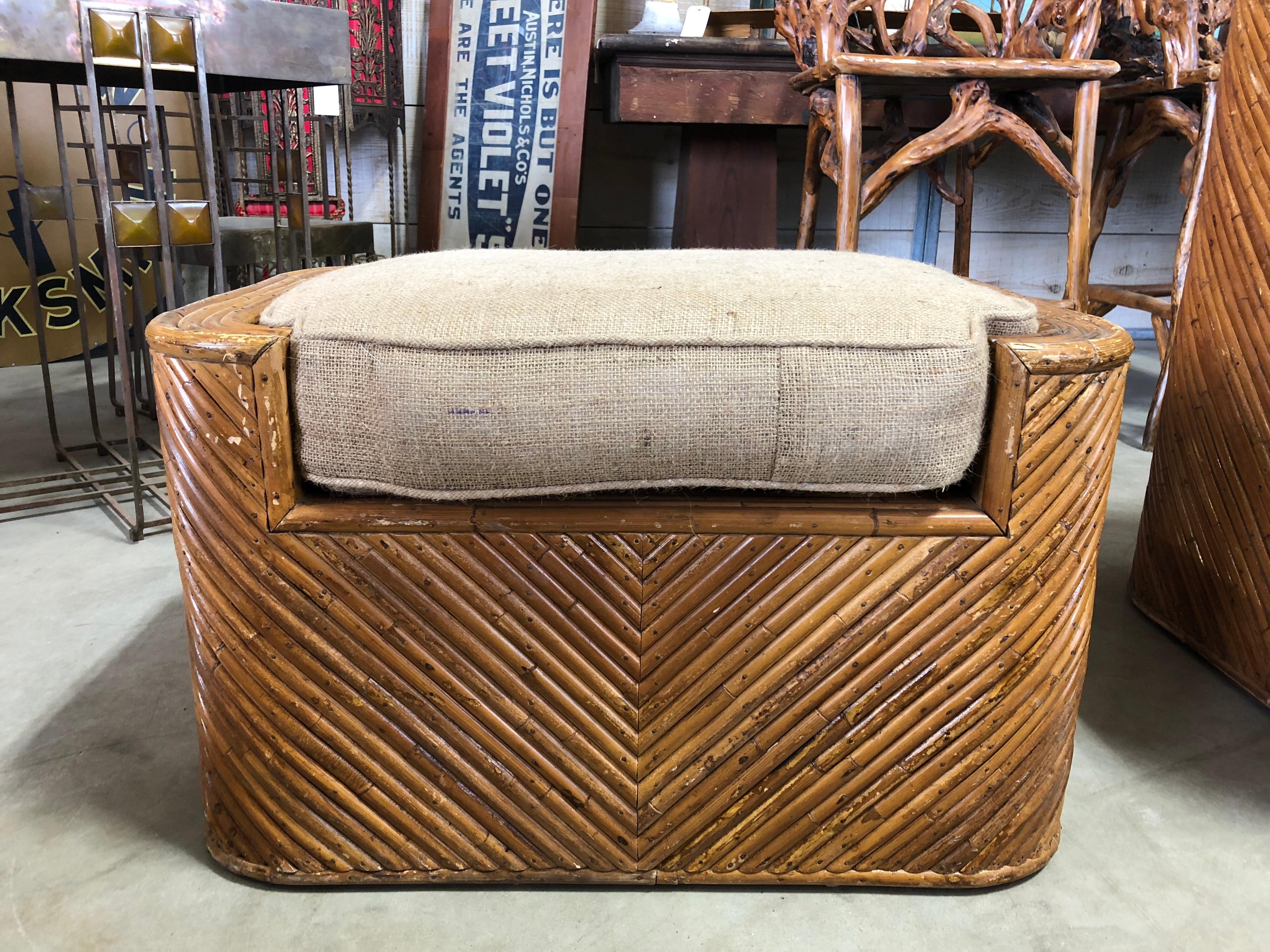 Midcentury Gabriella Crespi style Italian bamboo bench/ottoman with new burlap upholstery.