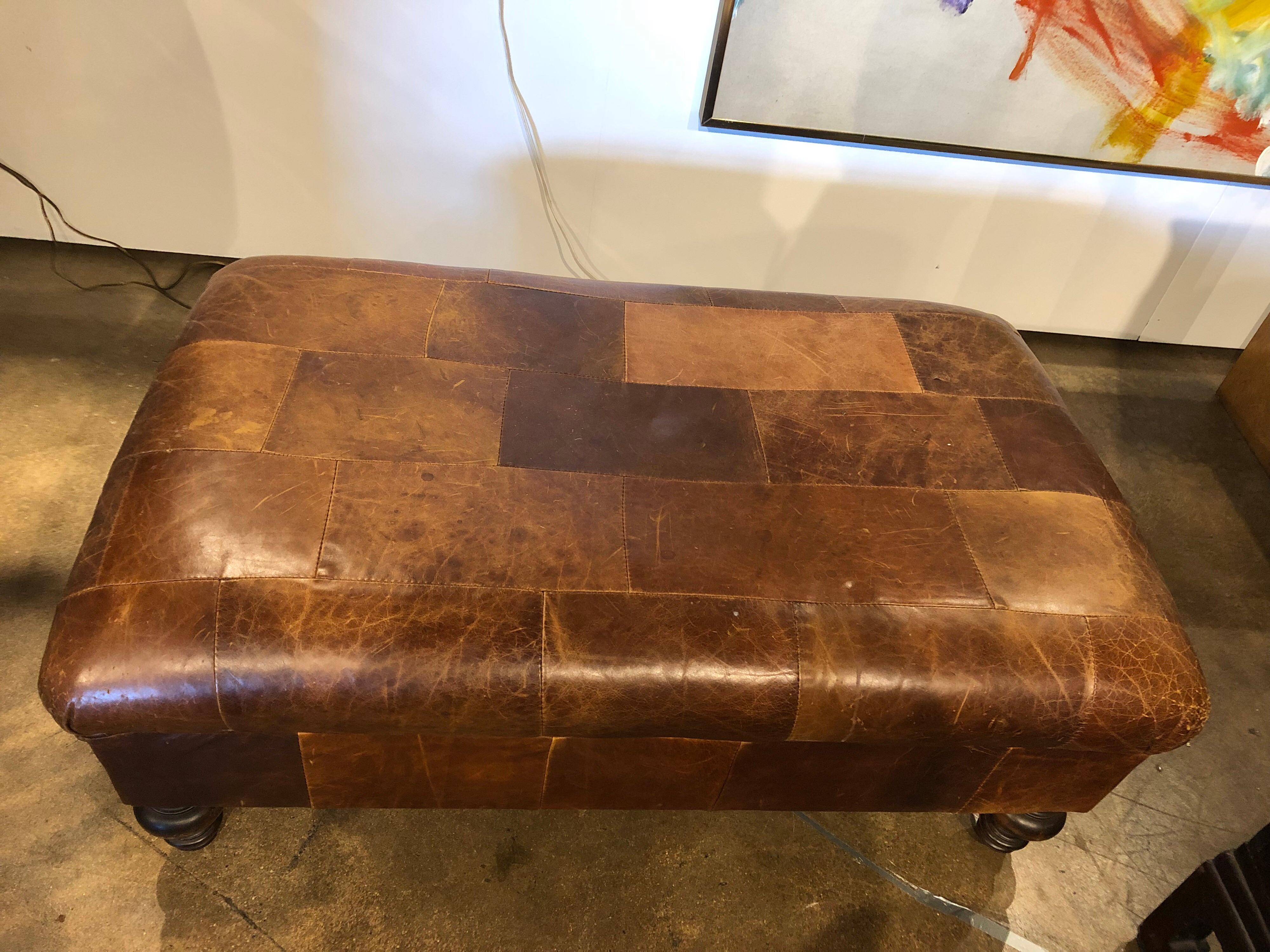British Vintage English Leather Patchwork Ottoman or Bench For Sale