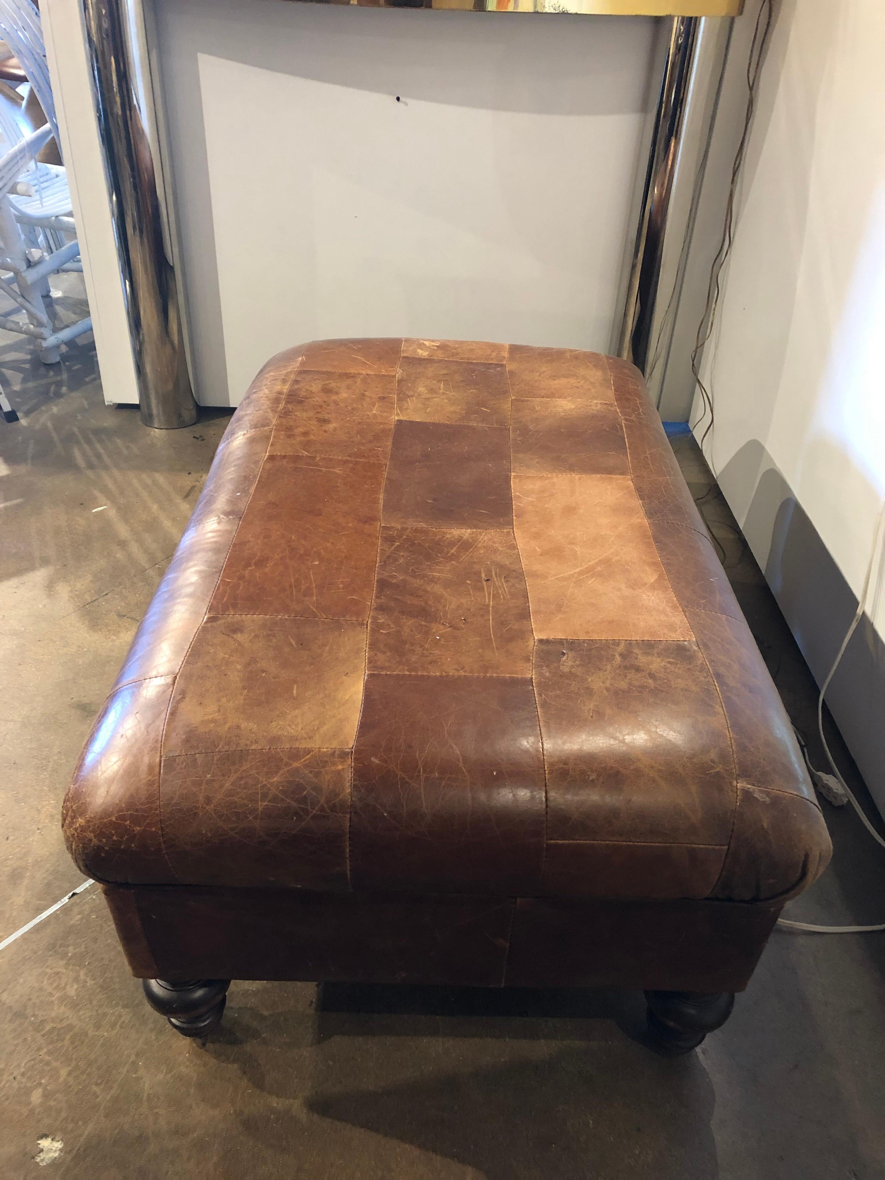 Vintage English Leather Patchwork Ottoman or Bench In Good Condition For Sale In Chicago, IL