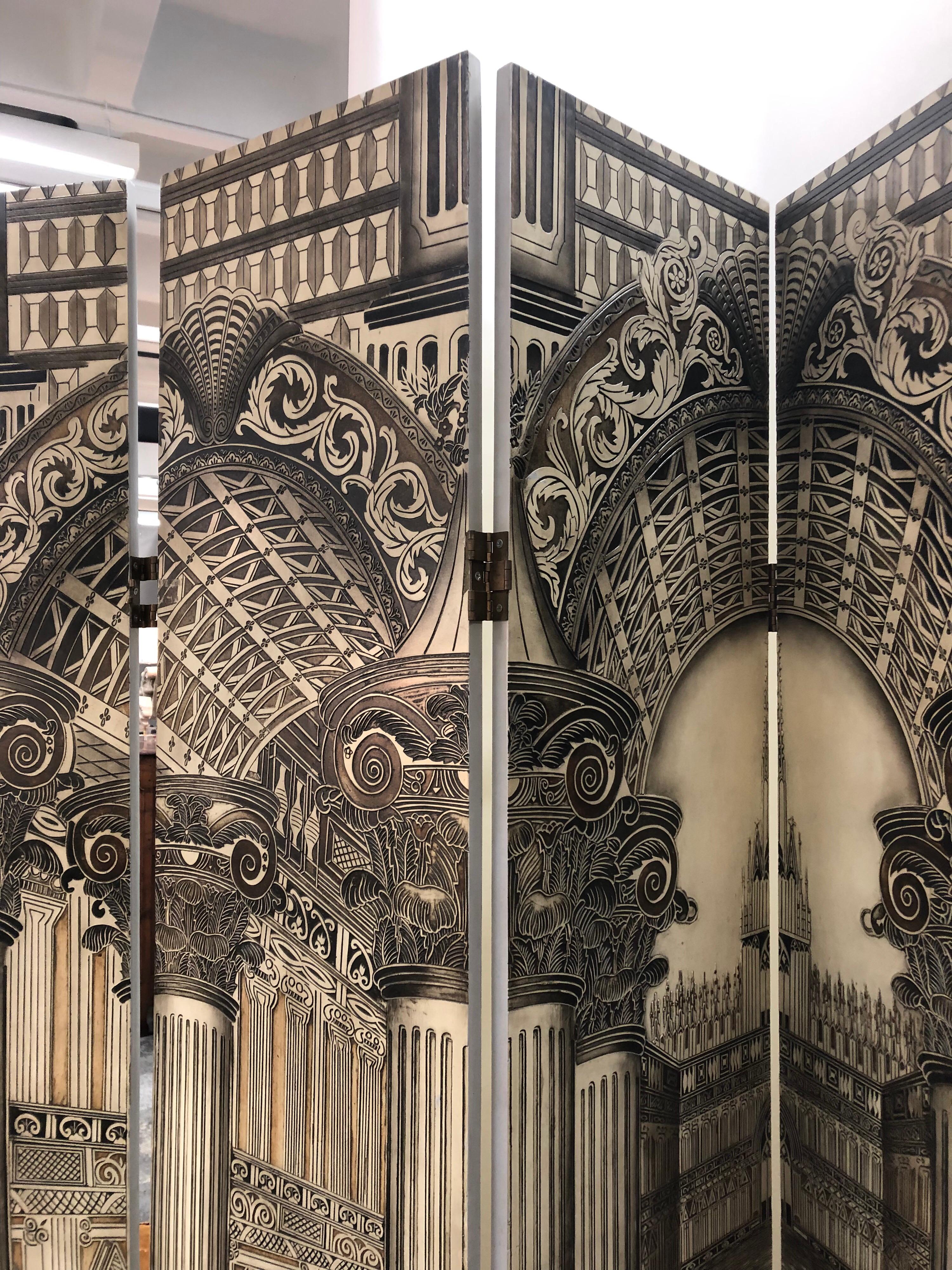 American Modern Fornasetti Style 6 Panel Architectural Screen For Sale