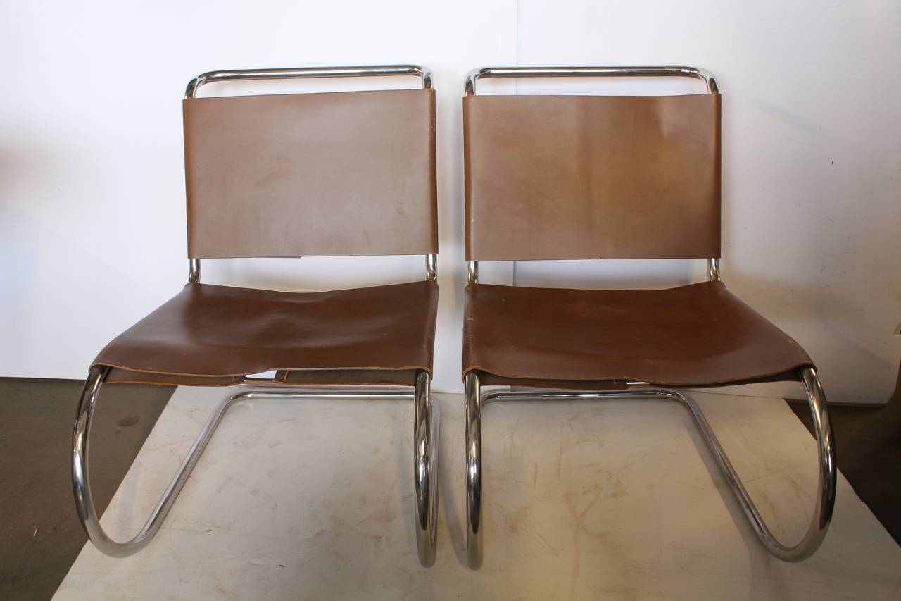 Original 1950s MR lounge chairs by Ludwig Mies van der Rohe for Knoll International. New upholstery.