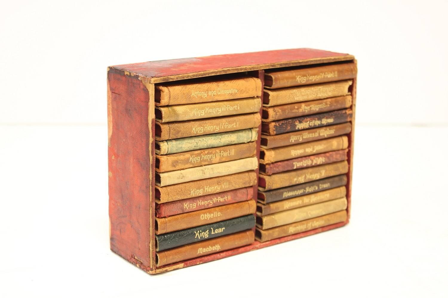 Charming collection of 23 antique leather Miniature Shakespeare books in original leather holder. Published by Knickerbocker Leather & Novelty Co NY.