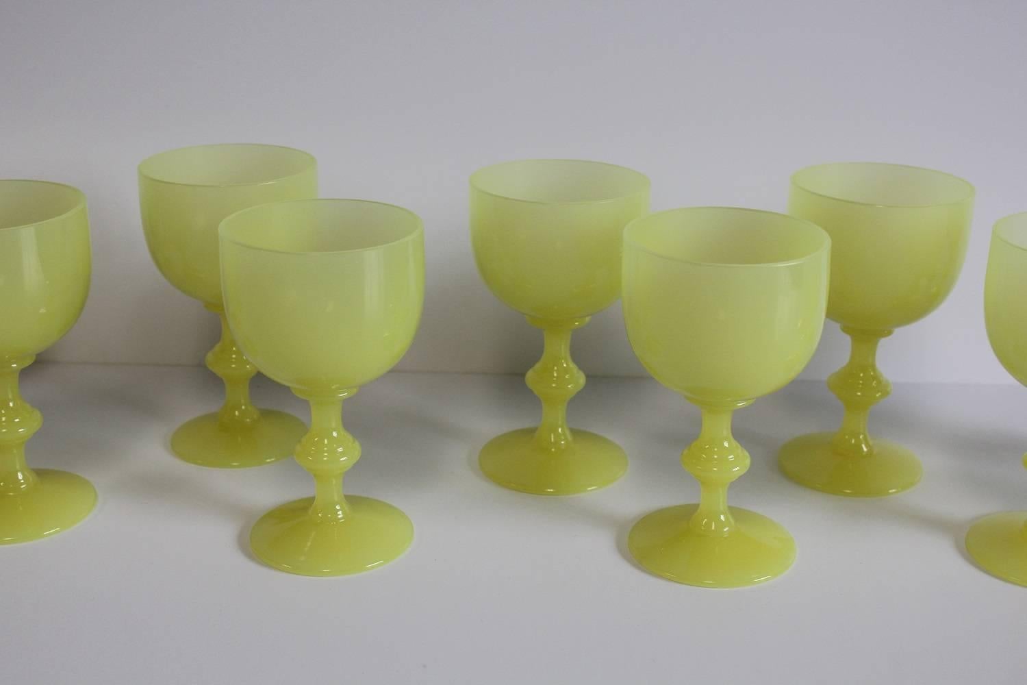 Collection of 12 French yellow opaline wine glasses by Portieux Vallerysthal.