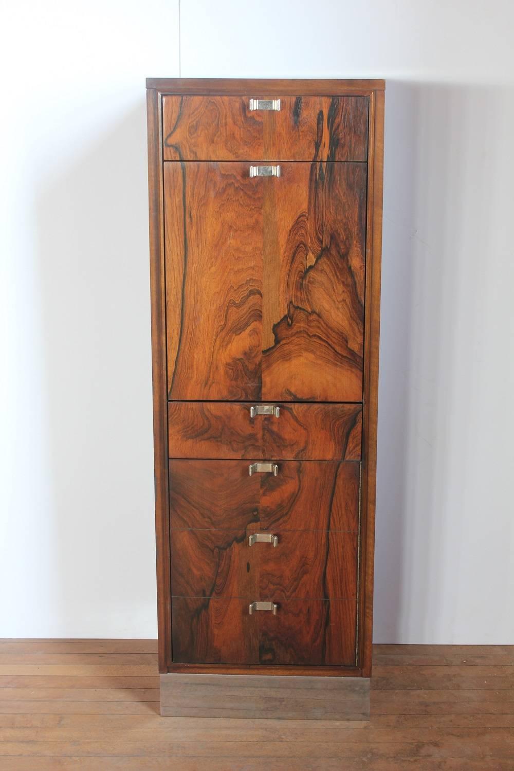 Stylish modern wood and chrome bar cabinet.
