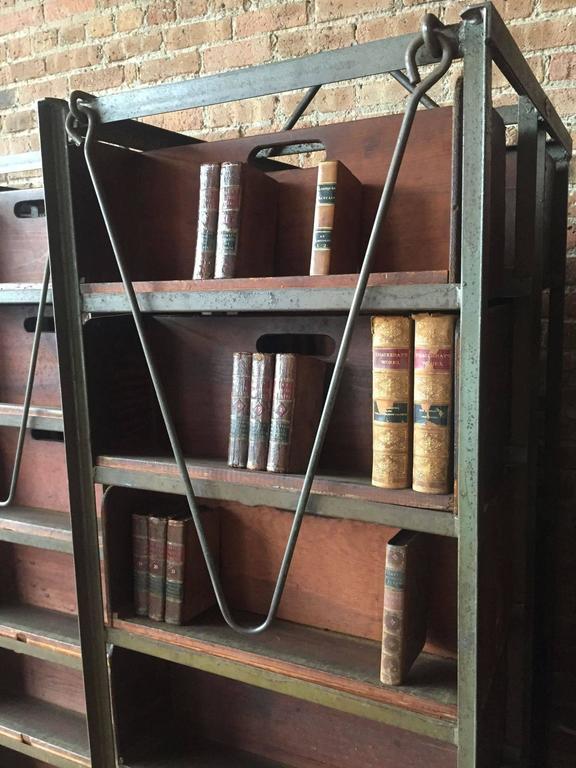 early 20th century american industrial metal and wood double sided shelves in good condition for sale - Industrial Metal Shelving early 20th century american industrial metal and wood double sided shelves in good condition for sale - Industrial Metal Shelving
