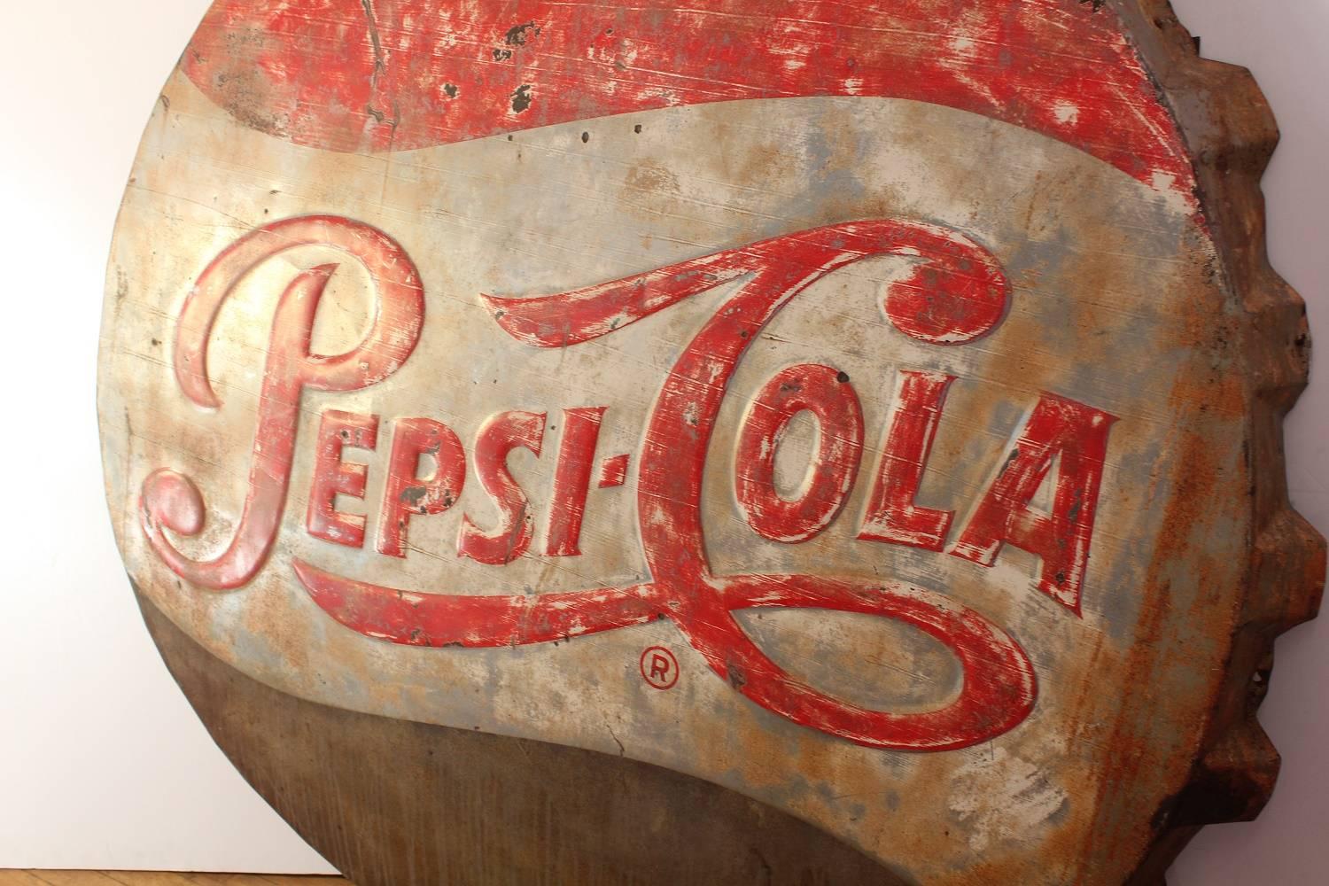 Vintage 5Ft tall embossed Pepsi Cola cap sign.