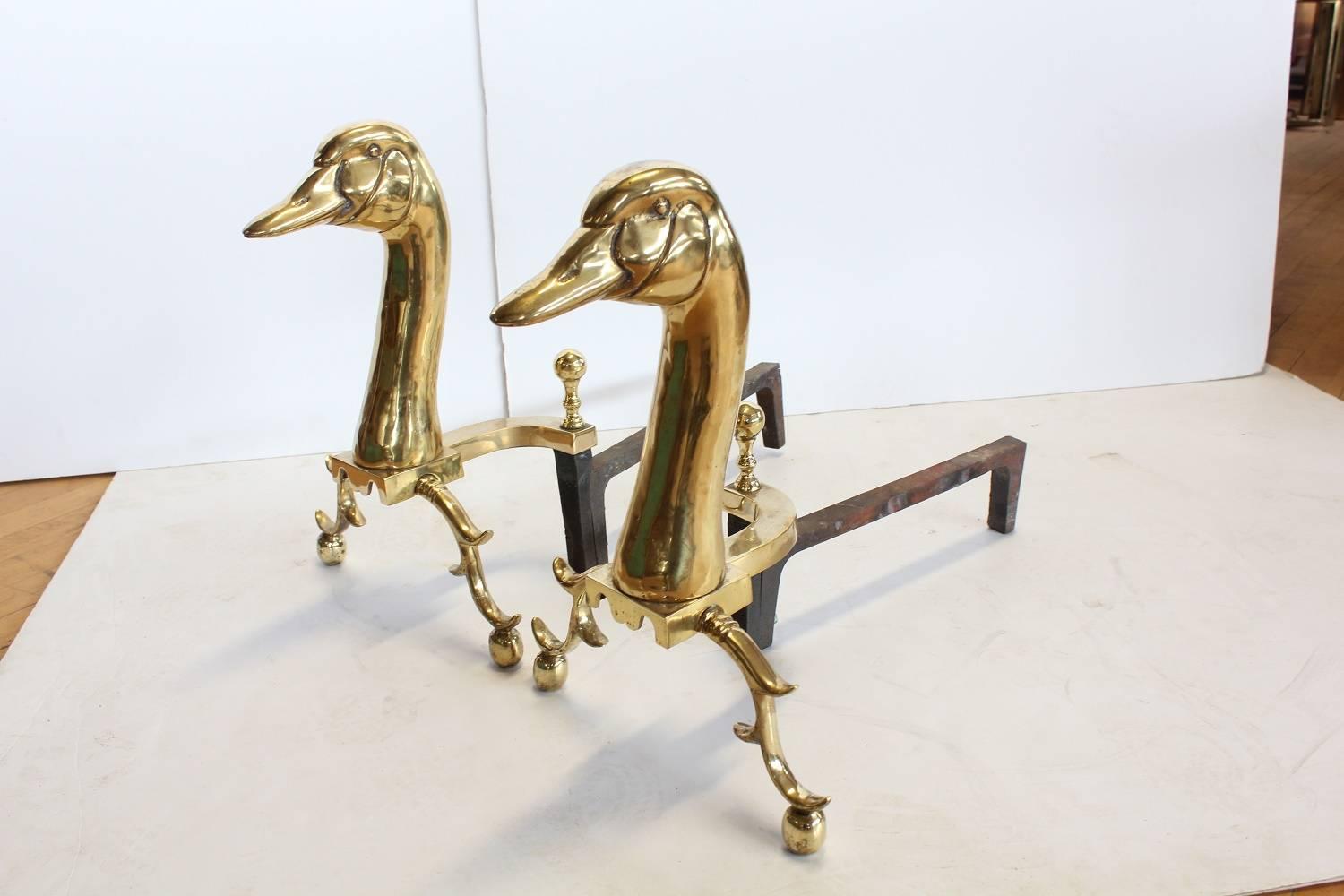Large decorative brass goose andirons.