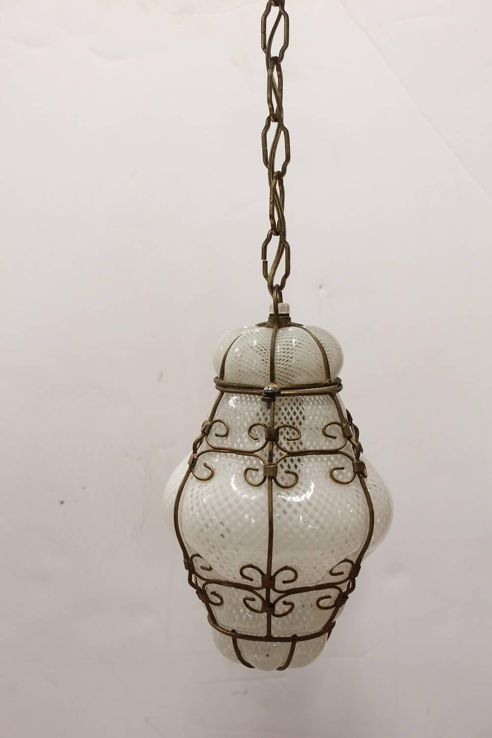 Vintage Seguso Murano White Glass Cage Pendant Light, 2 available. Listed price is for one light. 