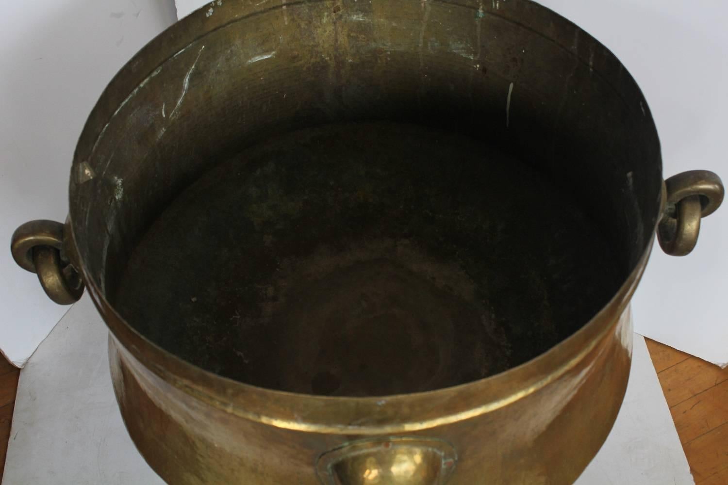 Giant Antique Decorative Brass Footed Cauldron With Handles In Good Condition For Sale In Chicago, IL