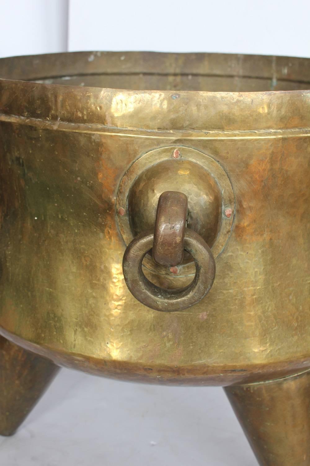 20th Century Giant Antique Decorative Brass Footed Cauldron With Handles For Sale