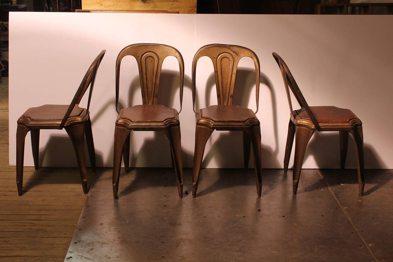 Art Deco Belgian Industrial Metal Chairs With Upholstery seats by Fibrocit. Original condition. Listed price is for one chair. We have ten available. They are stack able. 