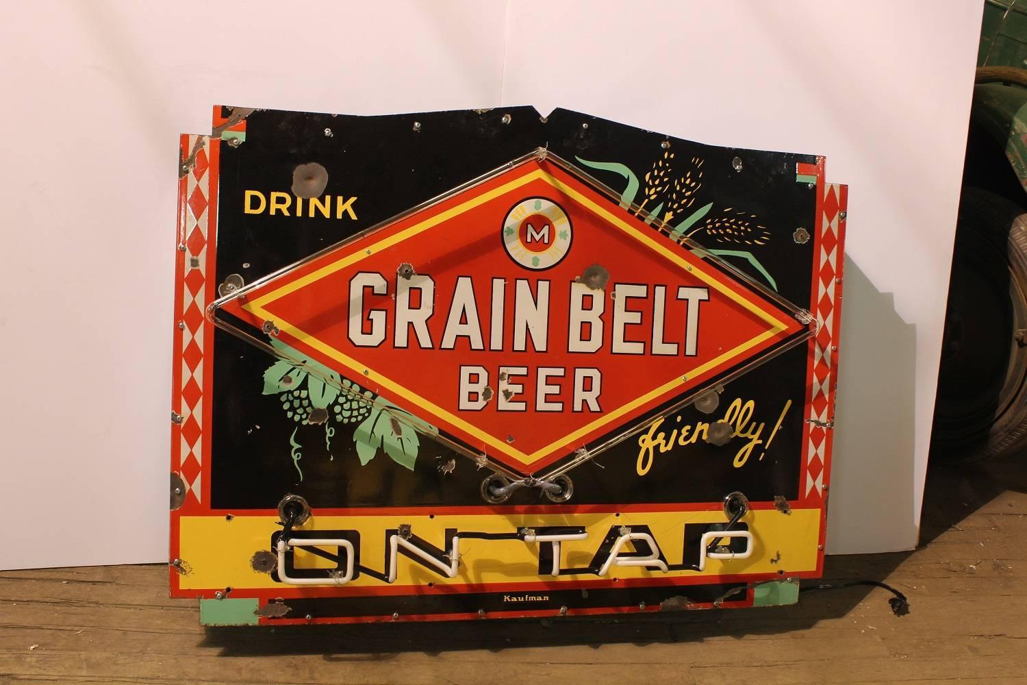 1950s Porcelain Neon Sign "Drink Grain Belt Beer on Tap" For Sale at