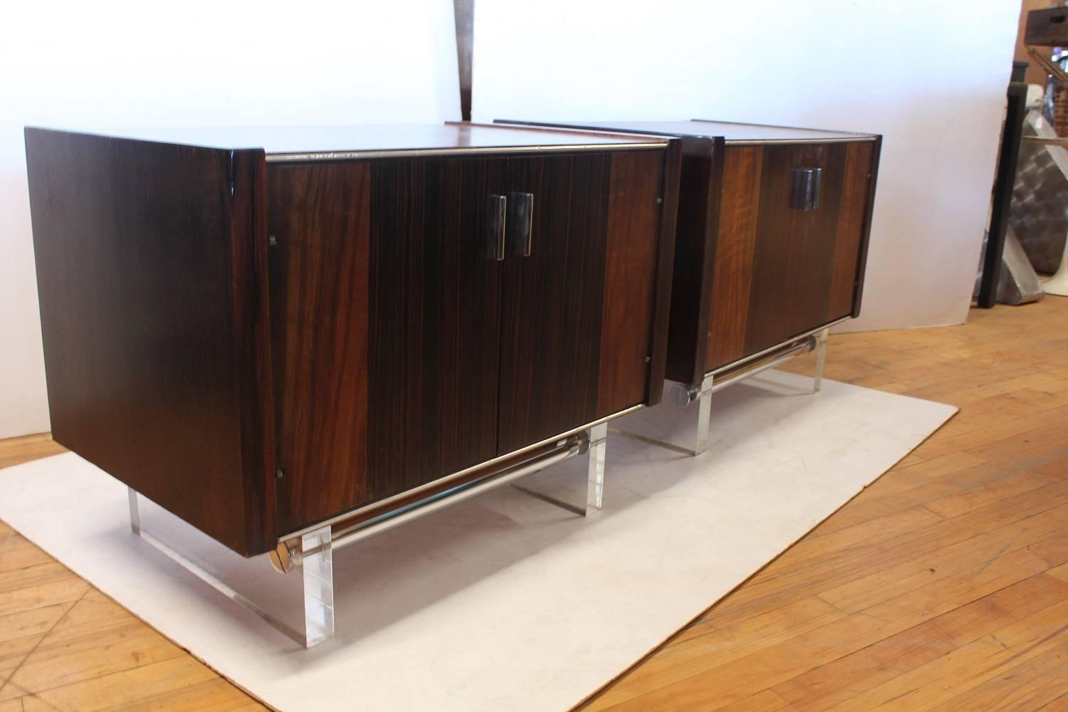 Stylish midcentury rosewood and lucite end tables, side tables with chrome hardware.