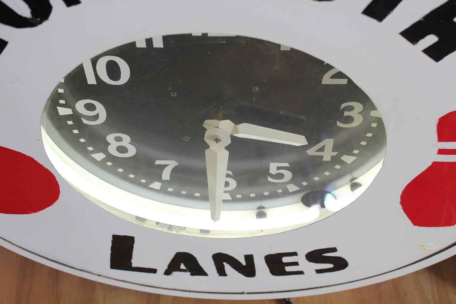 1930s Neon Advertising clock for Monmouth Bowling Lanes.