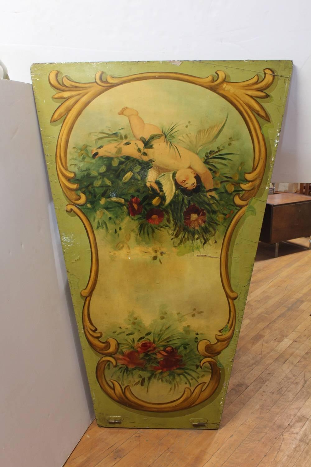 

Large 1930s decorative carnival ride hand-painted wood panel.
 