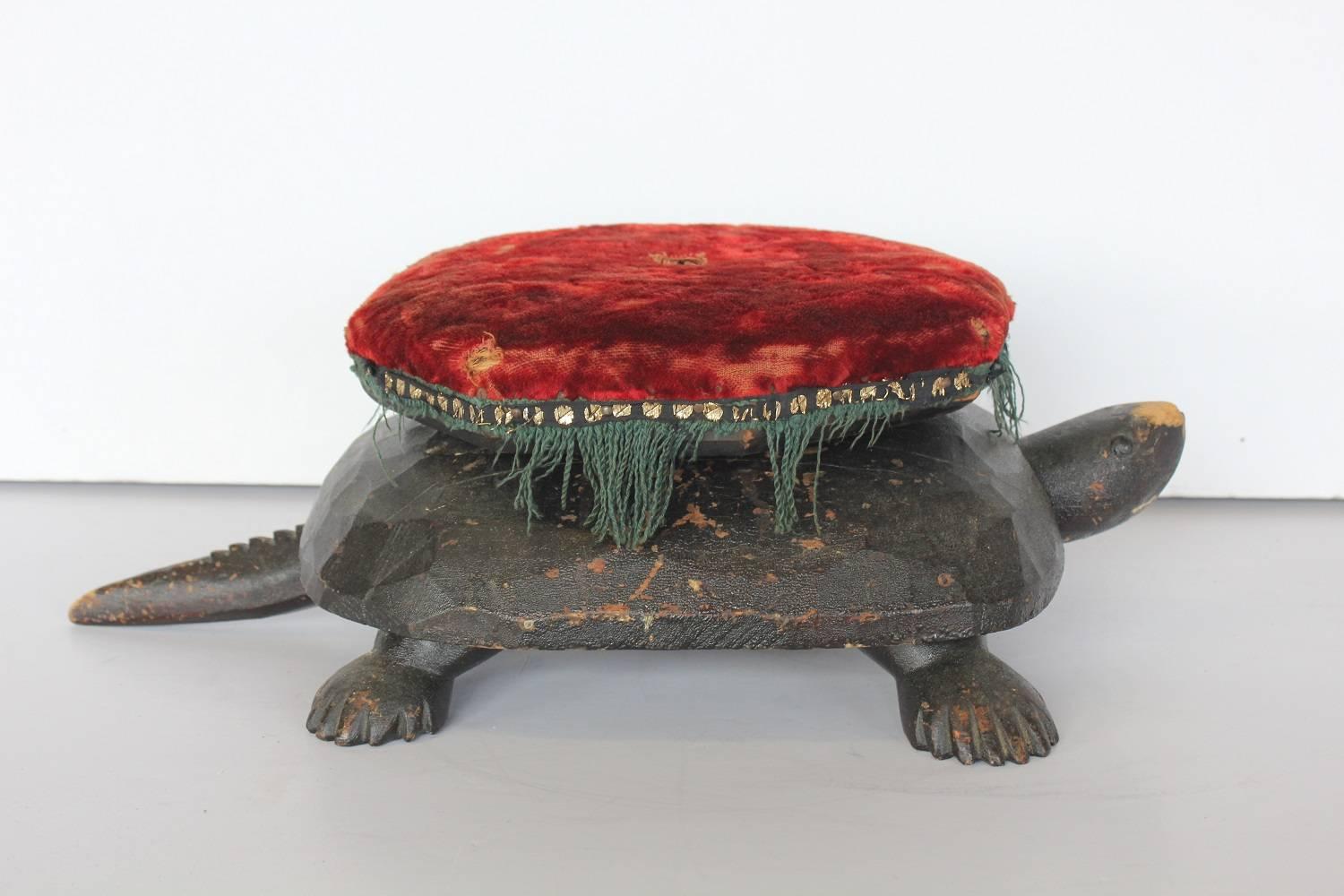 Antique Folk Art hand-carved wood turtle foot stool.