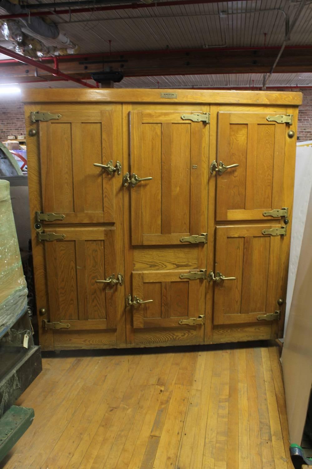 Antique six-doors Kingston oak ice box by Lorillard, NY. Original hardware. Great for storage.